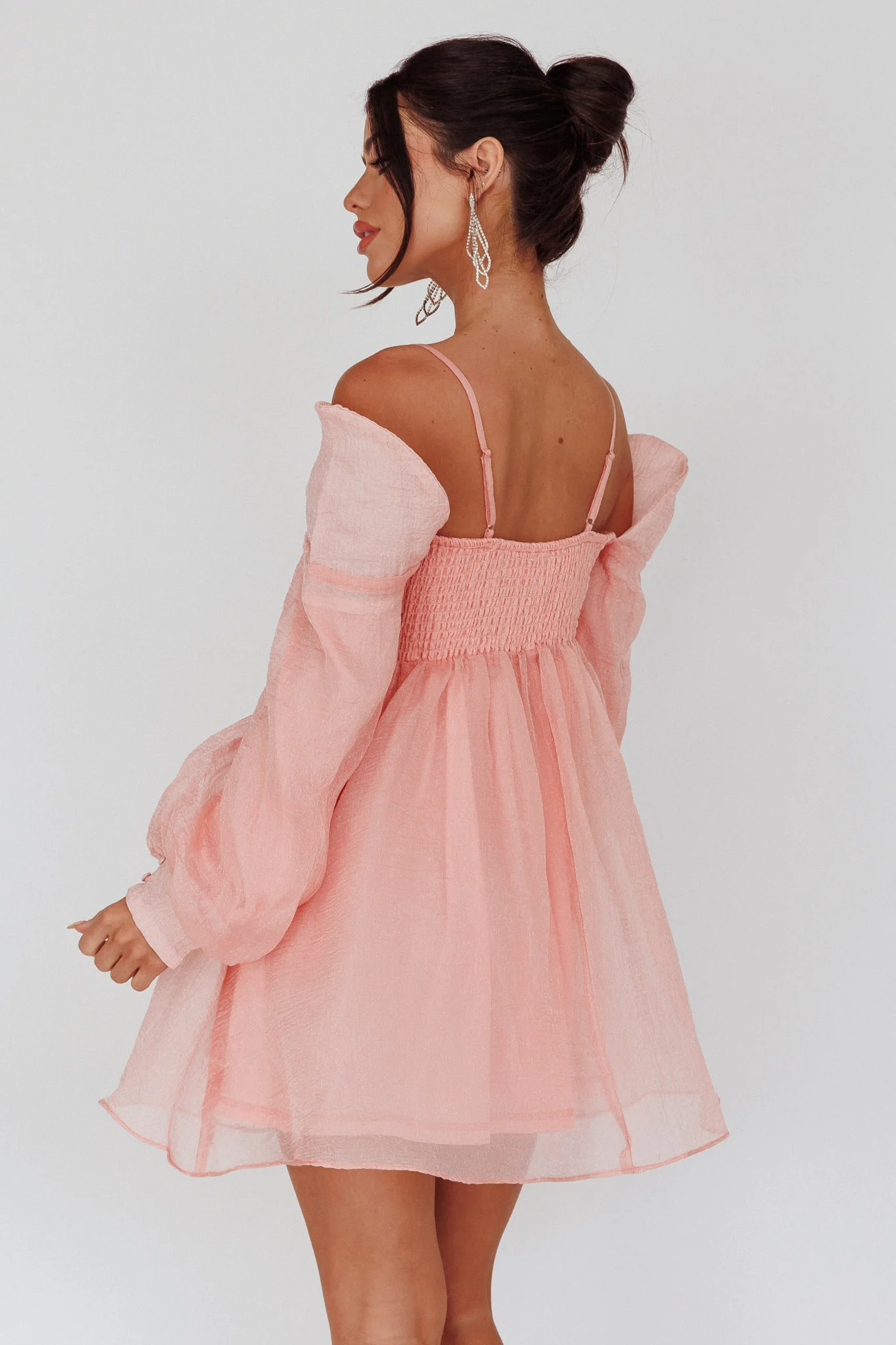 Yasi Long Sleeve Babydoll Mini Dress Peach - Sonourner