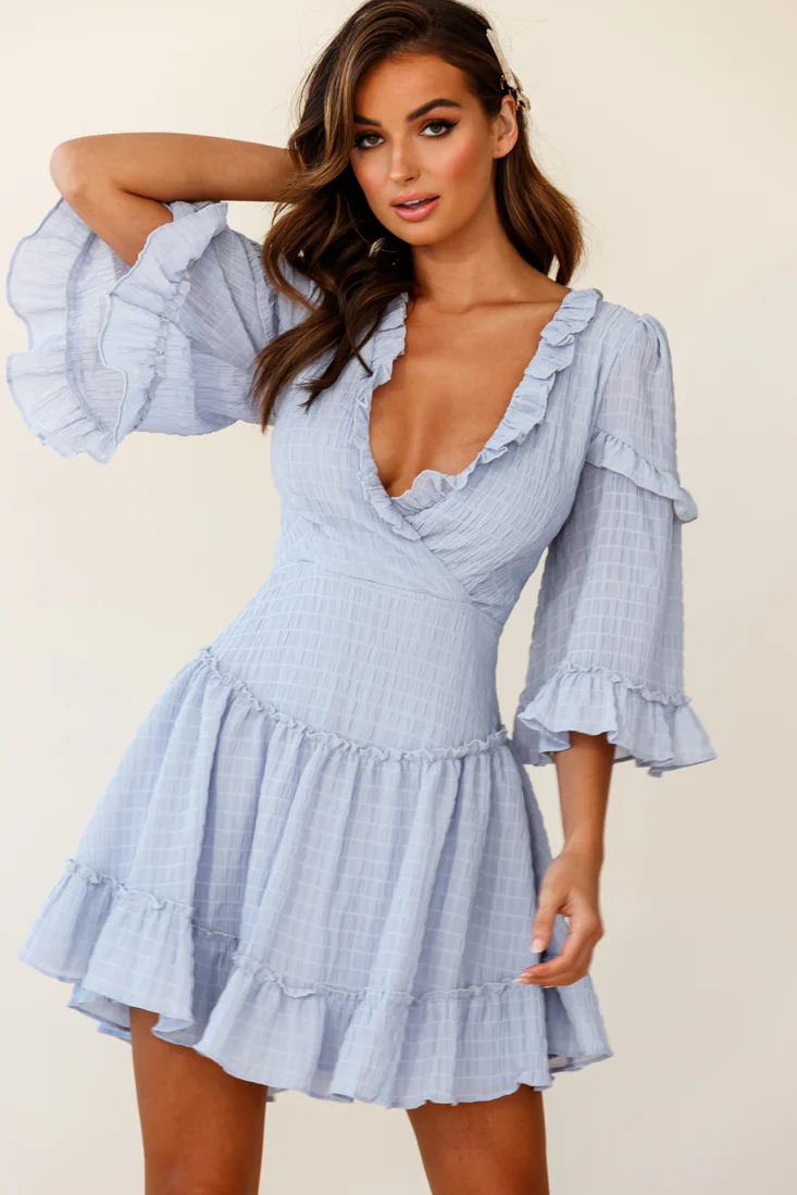 Albany Lace Up Back Frill Dress Shirred Grey - Sonourner