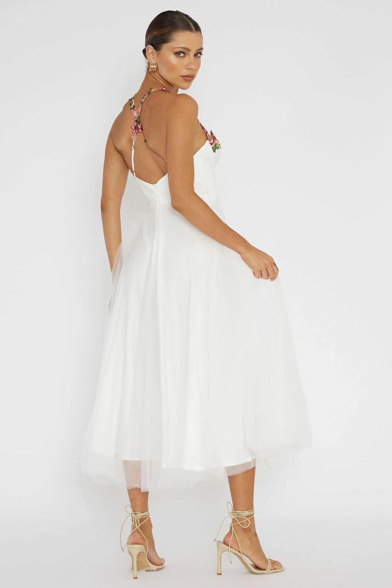 Smitten Sweetheart Neckline Floral Trim Dress White - Sonourner