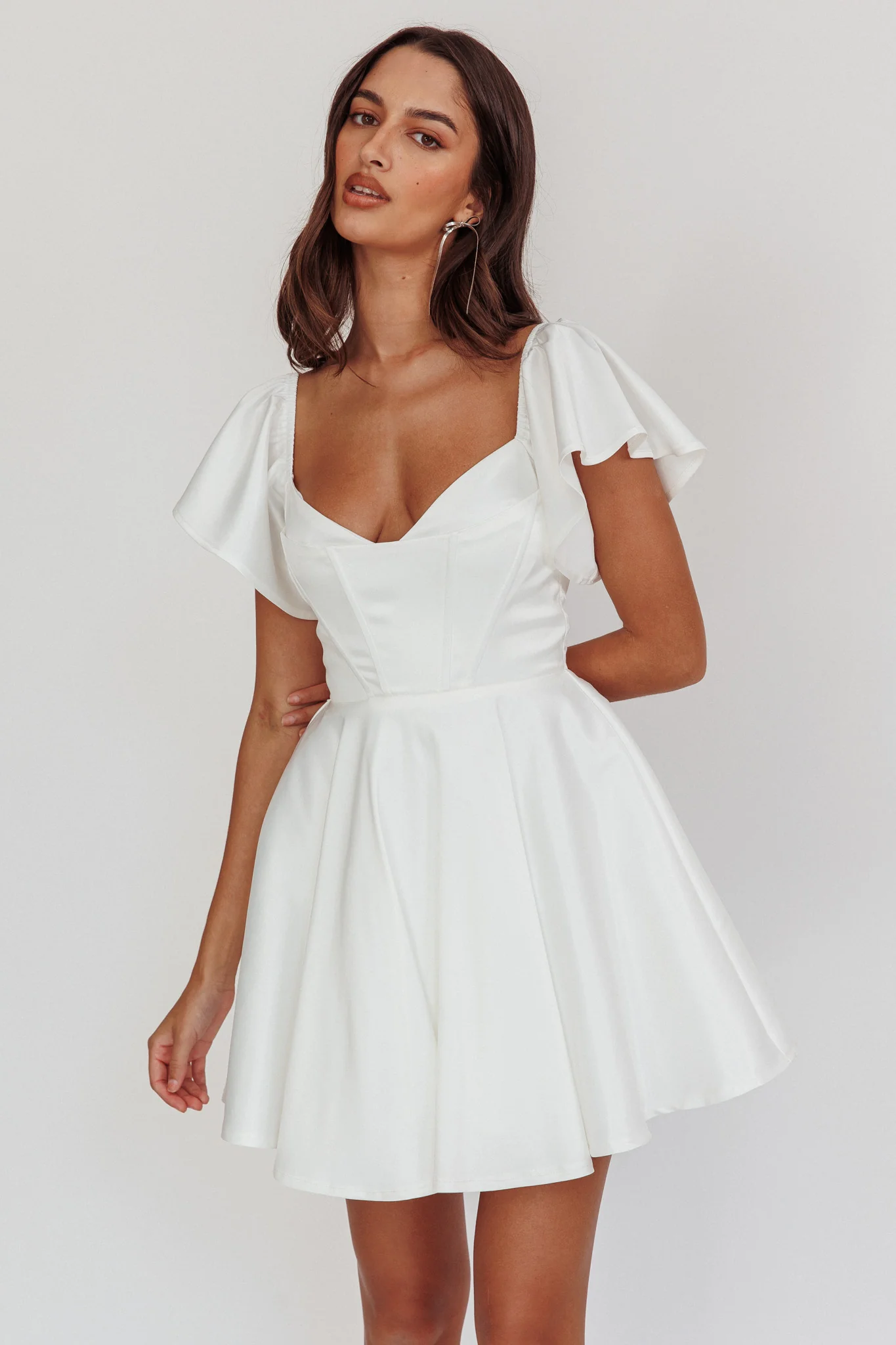 Tamelia Flutter Sleeve Mini Dress White - Sonourner