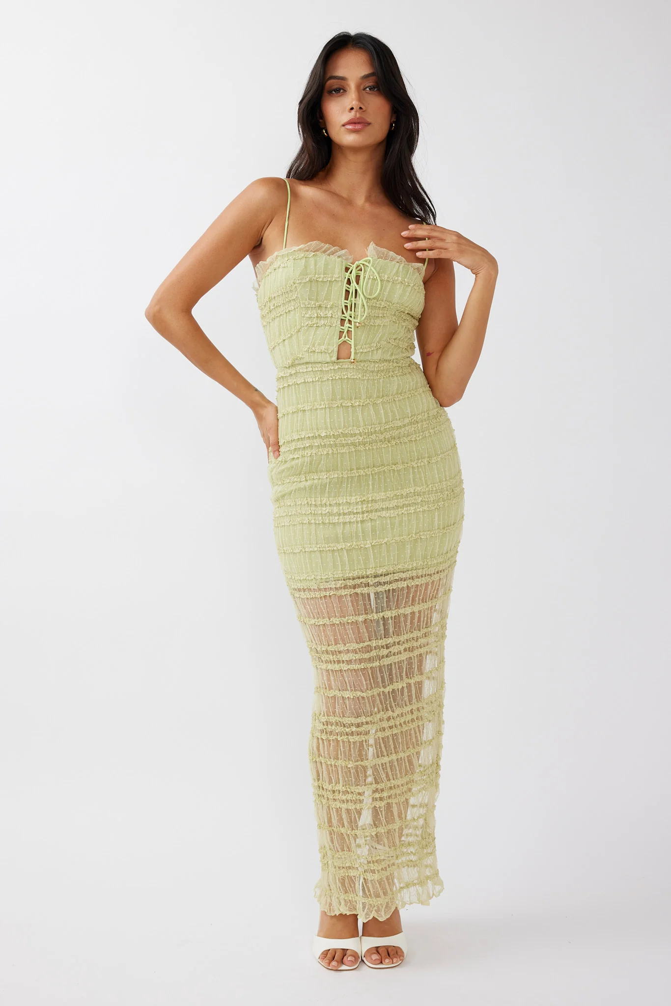 Wander & Roam Frill Trim Lace Dress Matcha - Sonourner