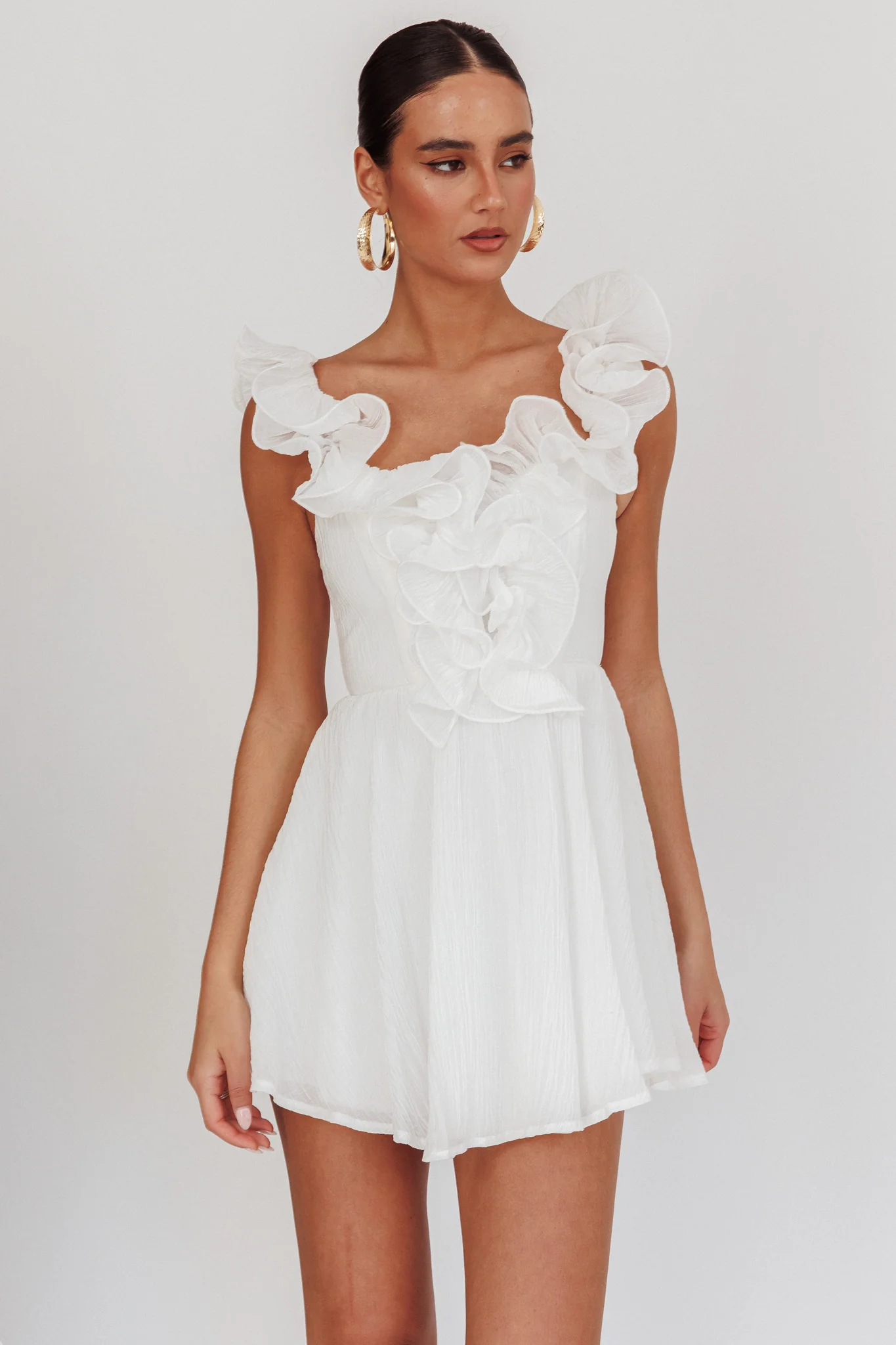 Nivaya Ruffle Neckline Mini Dress White - Sonourner