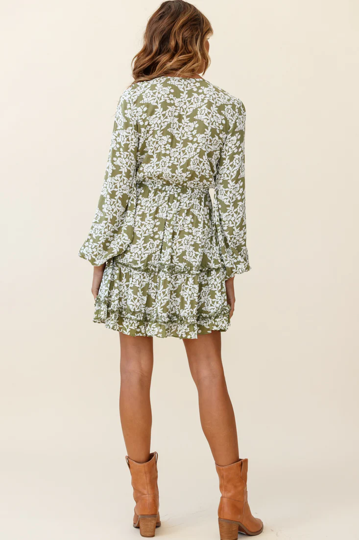 Sunny Daze Long Sleeve Tie-Knot Bust Dress Floral Print Olive - Sonourner