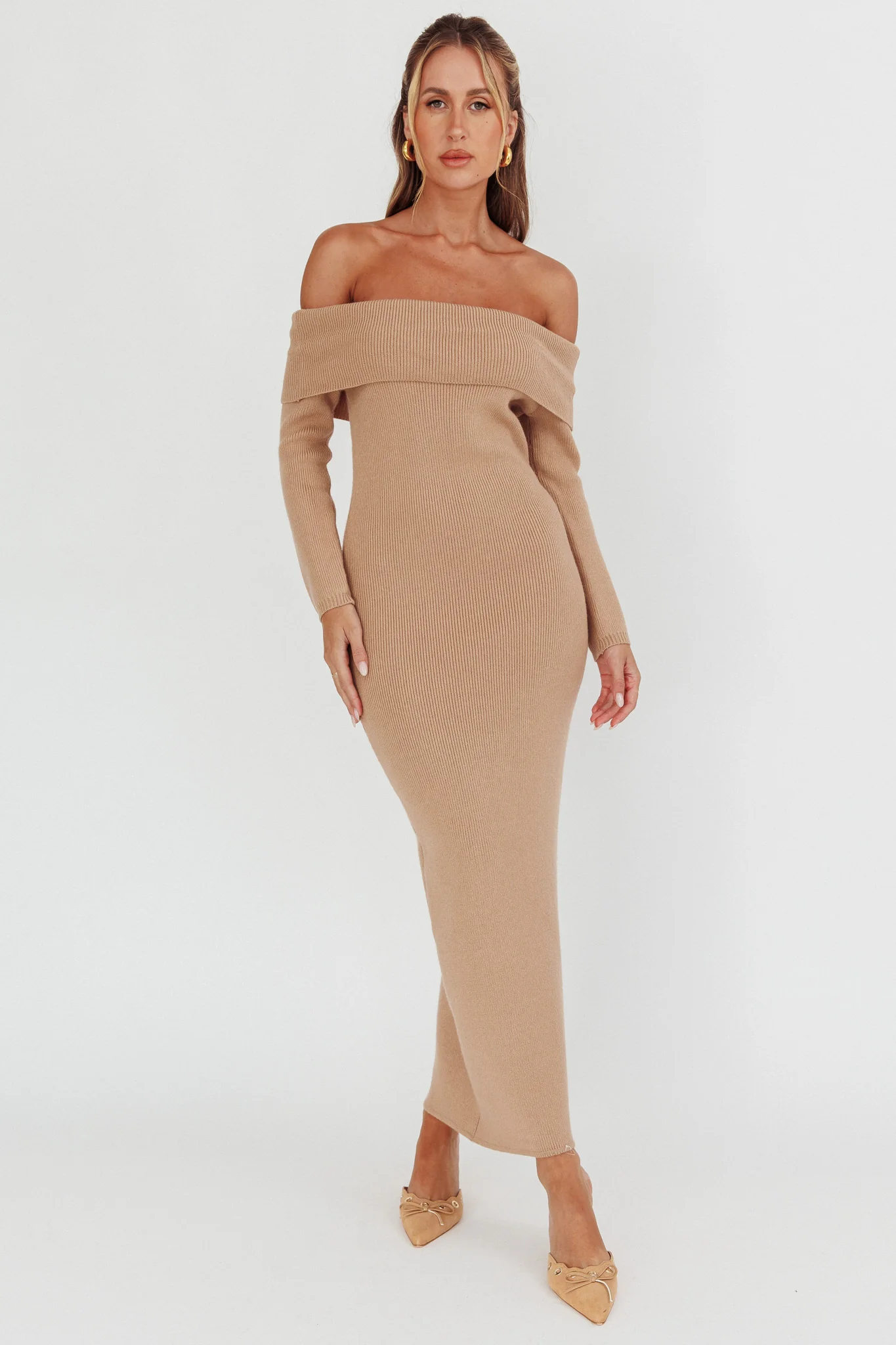 Winter Wonder Off-Shoulder Knit Maxi Dress Mocha - Sonourner