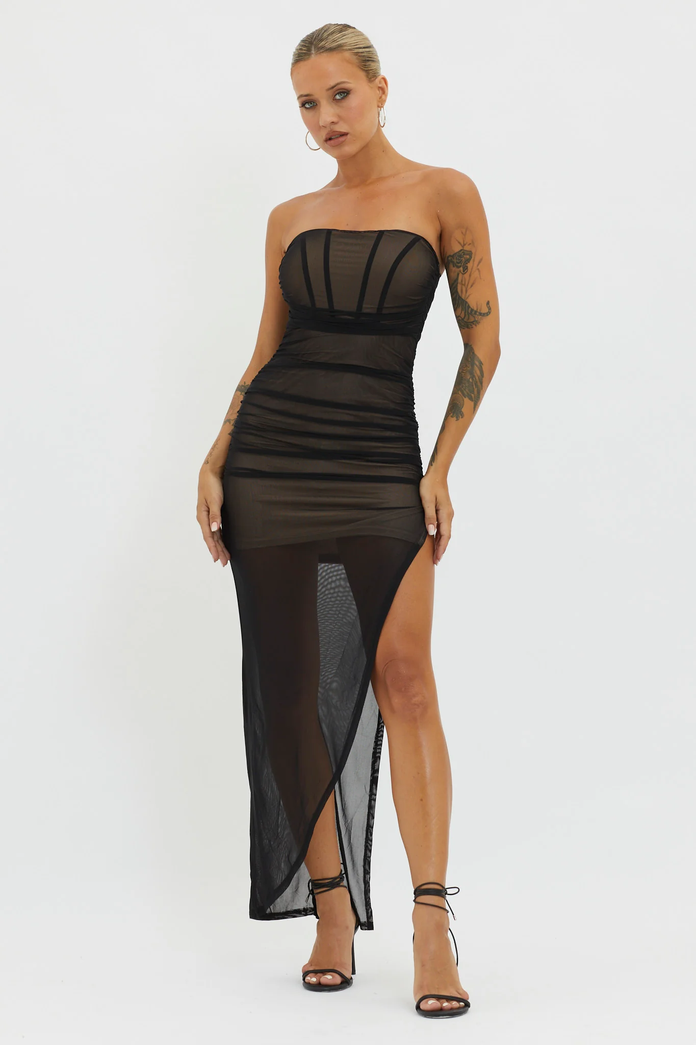 LA Nights Strapless Sheer Midi Dress Black/Nude - Sonourner