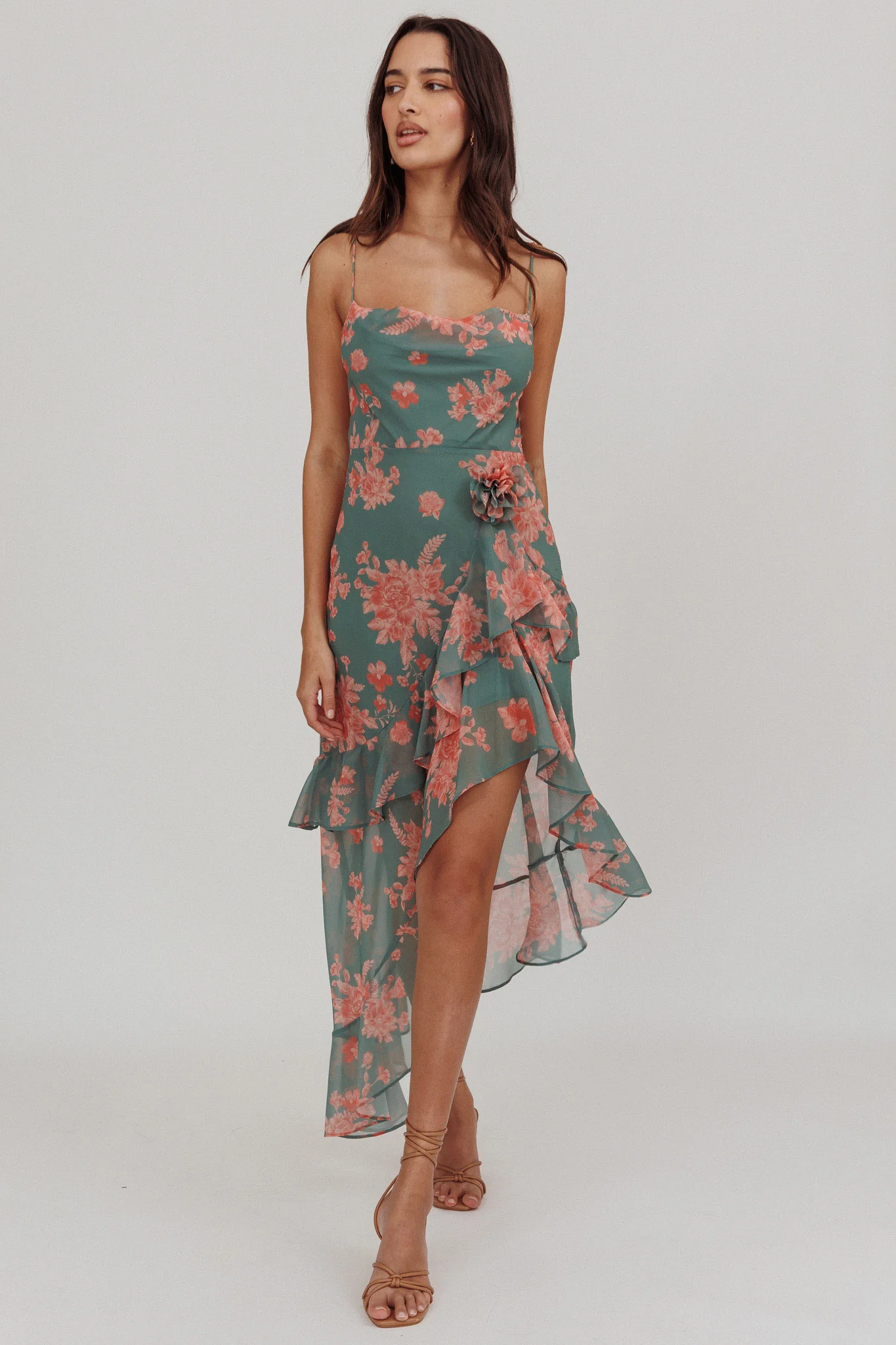 Chances Rosette Ruffle Midi Dress Floral Mint - Sonourner