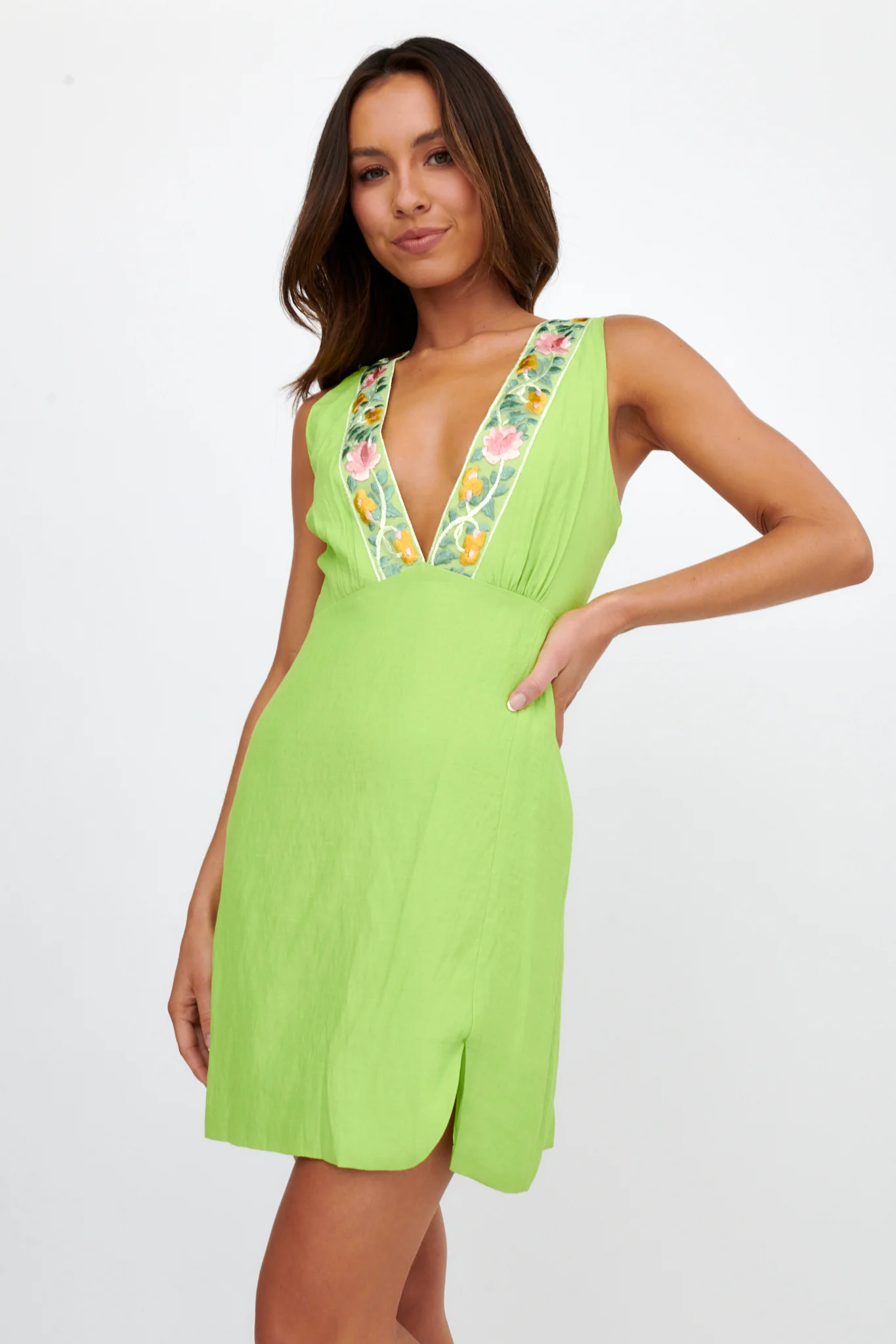 Cozumel V-Neck Embroidered Mini Dress Lime - Sonourner