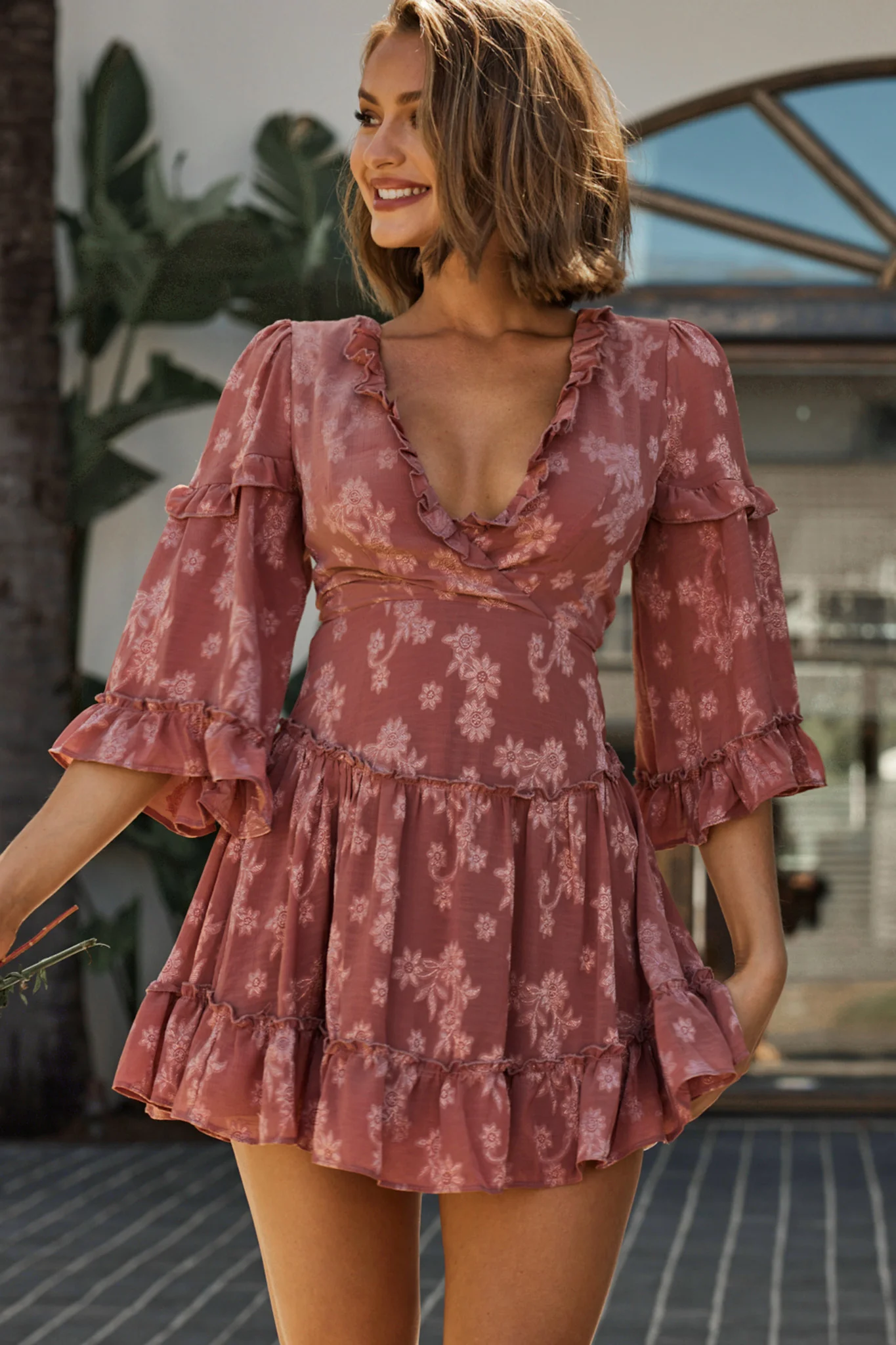 Albany Lace Up Back Frill Dress Flower Print Rose - Sonourner