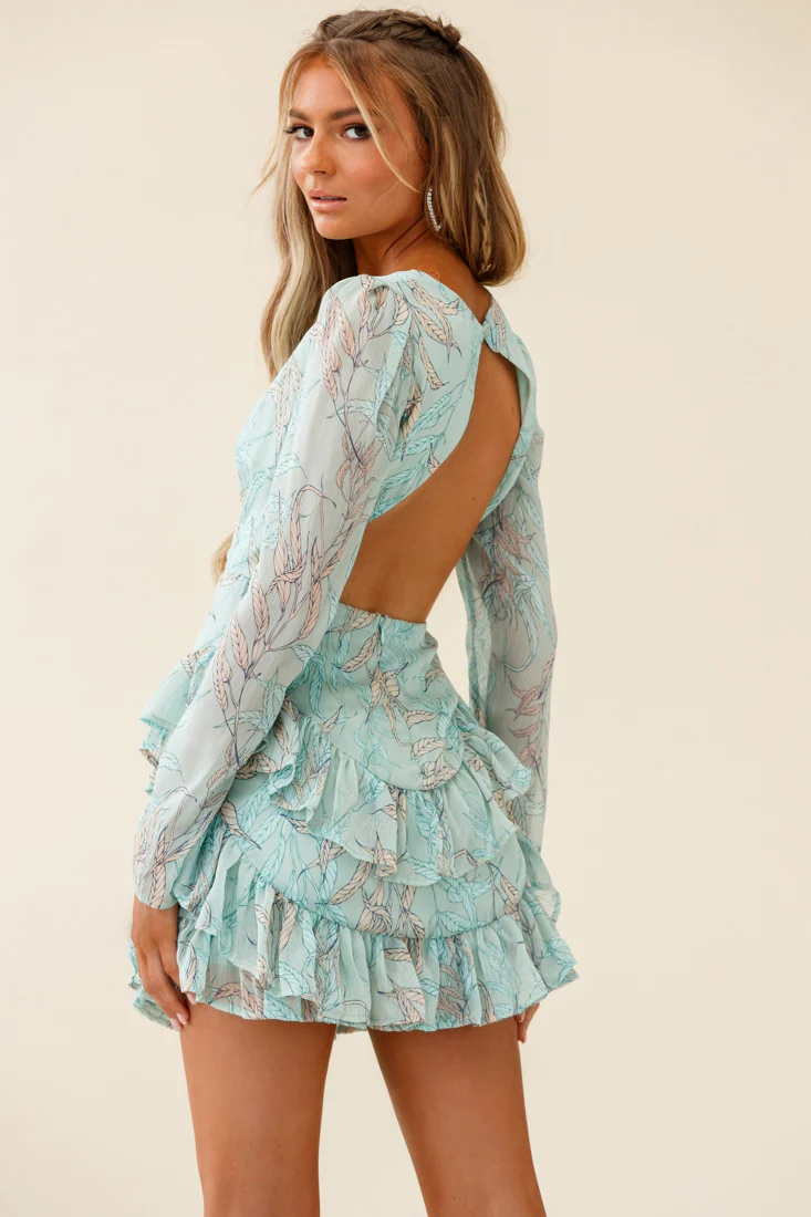 Liz Long Sleeve Double Ruffle Dress Leaf Print Mint - Sonourner