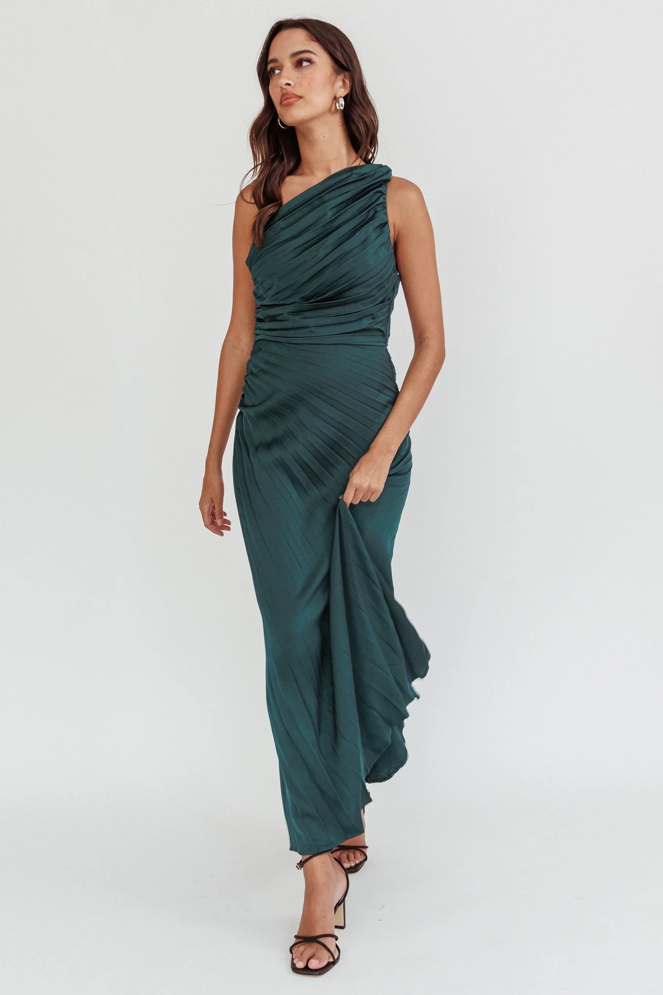 Scarlett One-Shoulder Pleat Maxi Dress Green - Sonourner