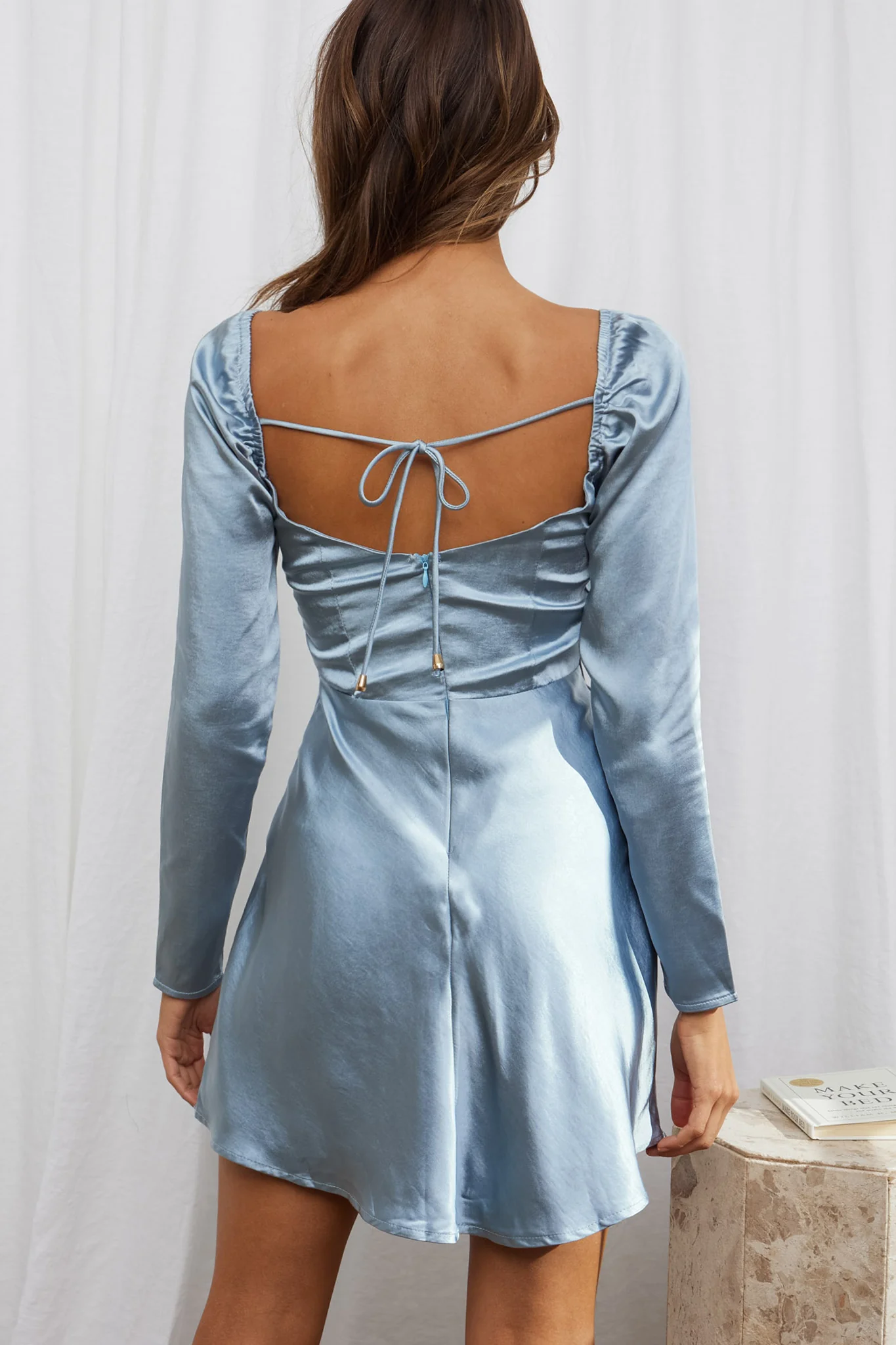 Freja Long Sleeve Cowl Neck Satin Mini Dress Sage - Sonourner