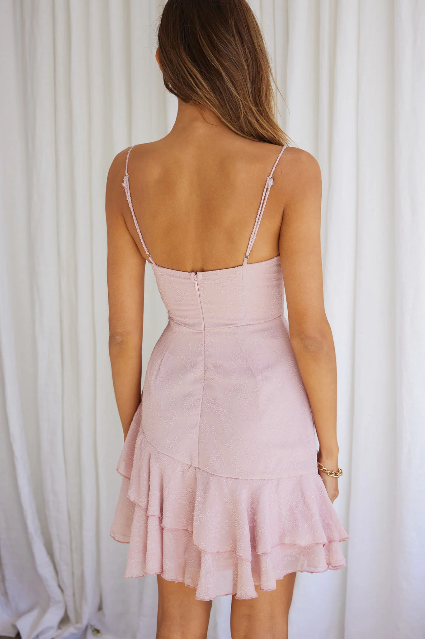 High Society Ruched Drawstring Ruffle Hem Textured Mini Dress Blush - Sonourner