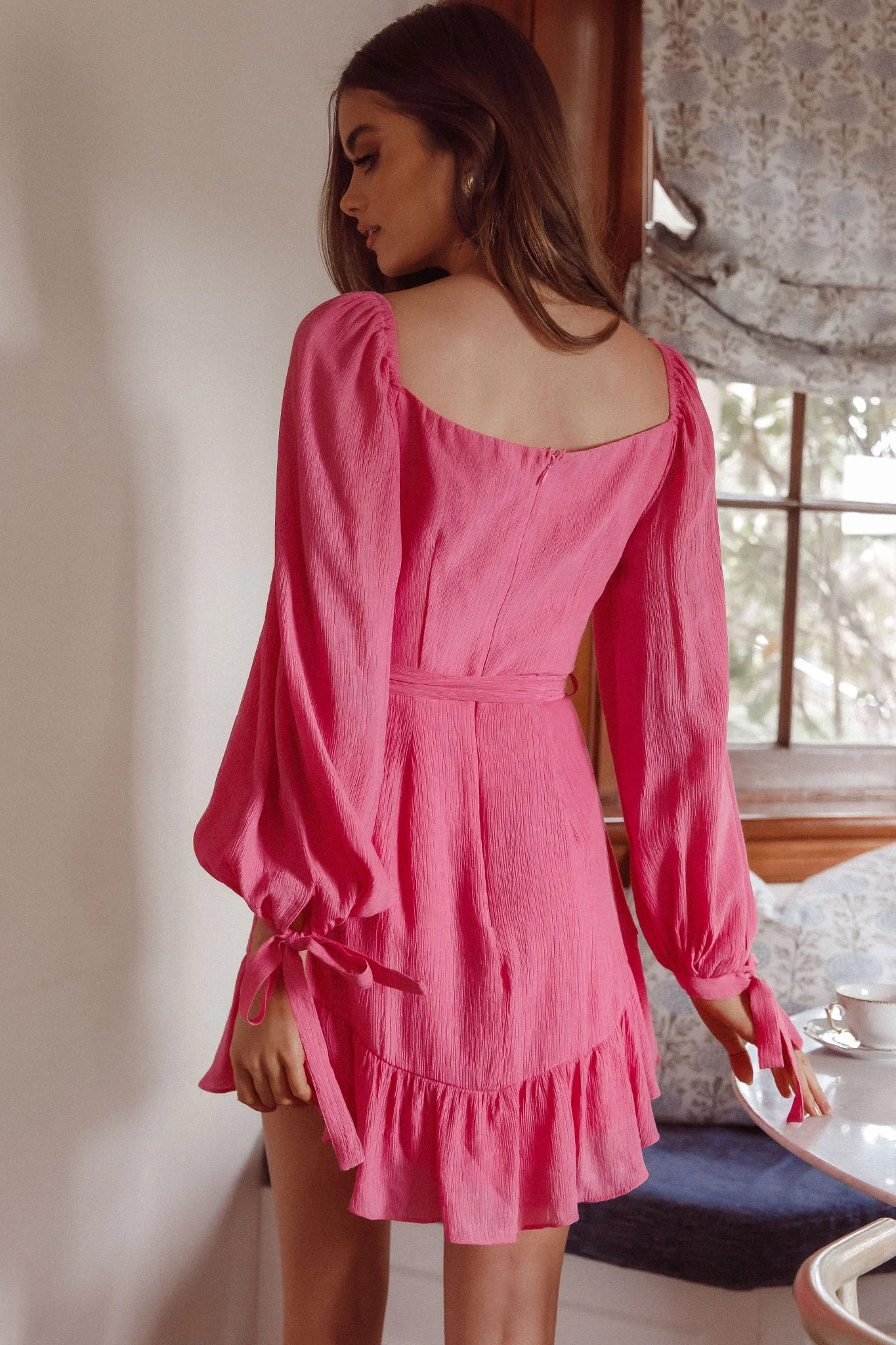 Make Memories Balloon Sleeve Molded Bust Dress Hot Pink - Sonourner