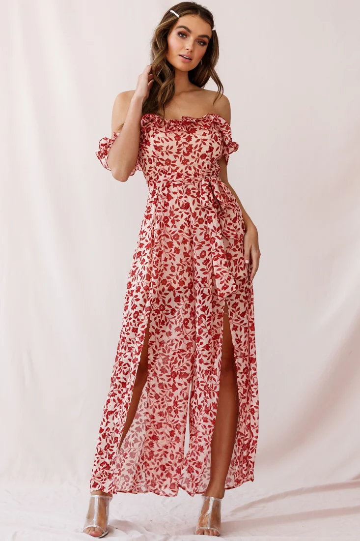 Jazz Bardot Neckline Wide Leg Split Jumpsuit Red - Sonourner