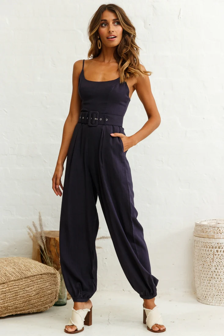Santa Barbara Cuffed Hem Belted Jumpsuit Navy - Sonourner