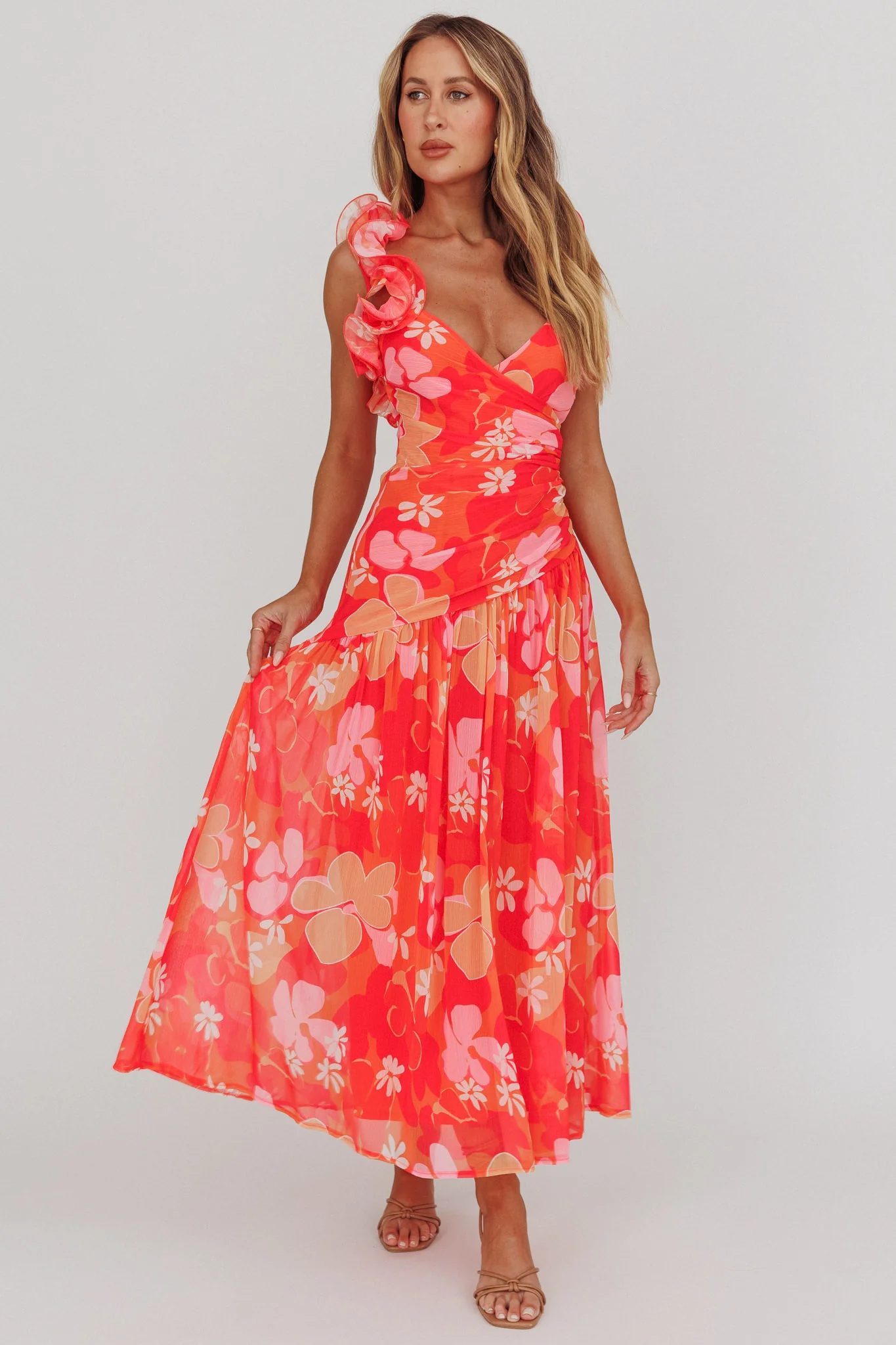 Kinley Ruffle Strap Maxi Dress Floral Orange - Sonourner