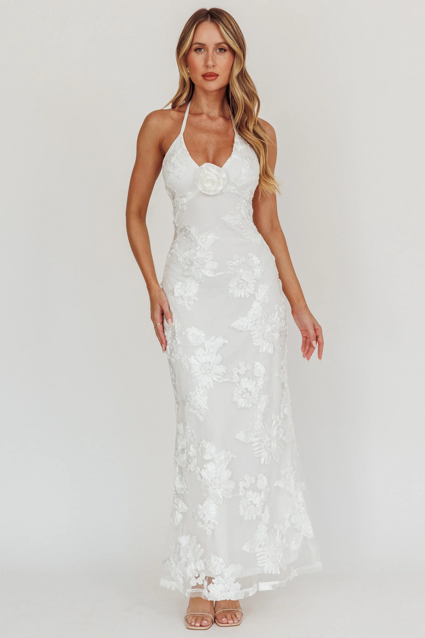 Your Affections Rosette Ribbon Embellished Maxi Dress White - Sonourner