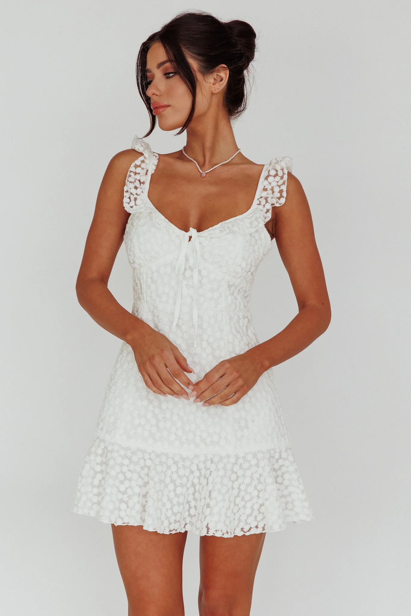 Shenay Ruffle Strap Embroidered Mini Dress White - Sonourner