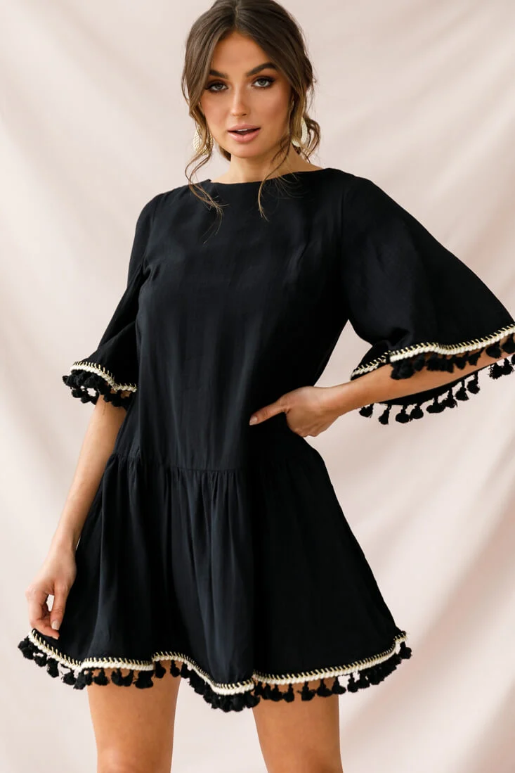 Donna Dropped Waist Tassel Dress Black - Sonourner