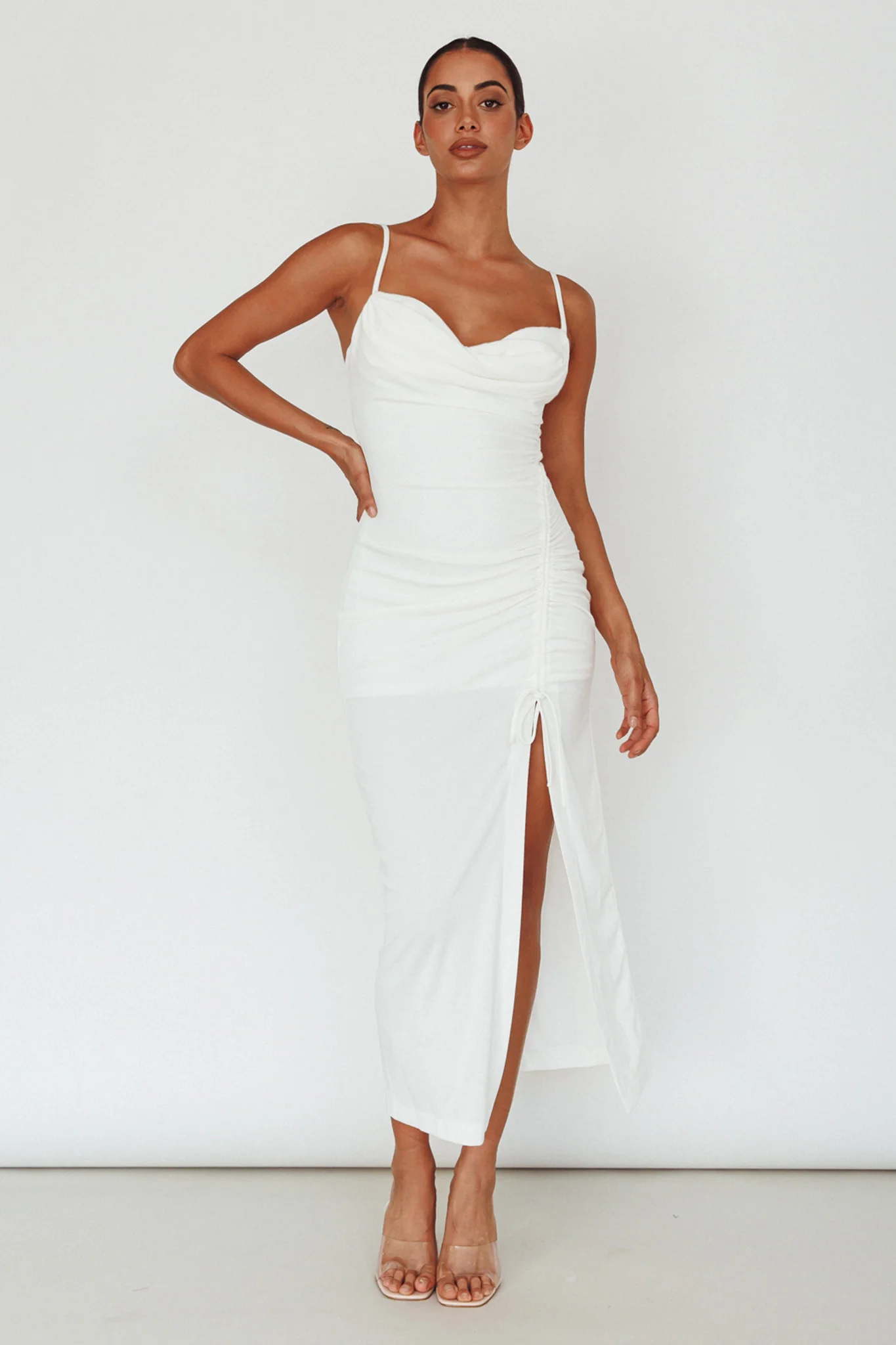Samba Night Drawstring Ruched Midi Dress White - Sonourner