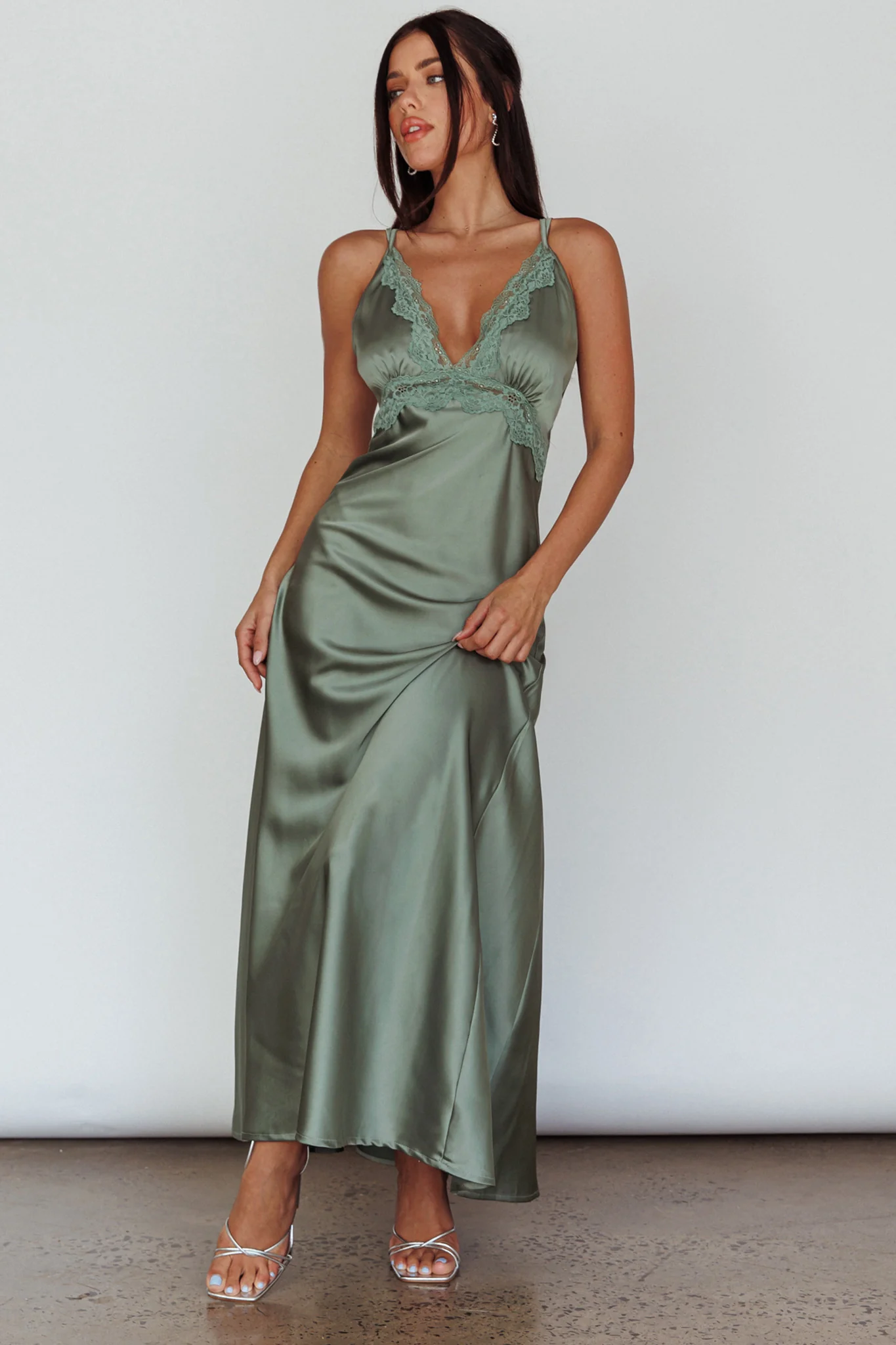 Signature Lace Trim Midi Dress Sage - Sonourner