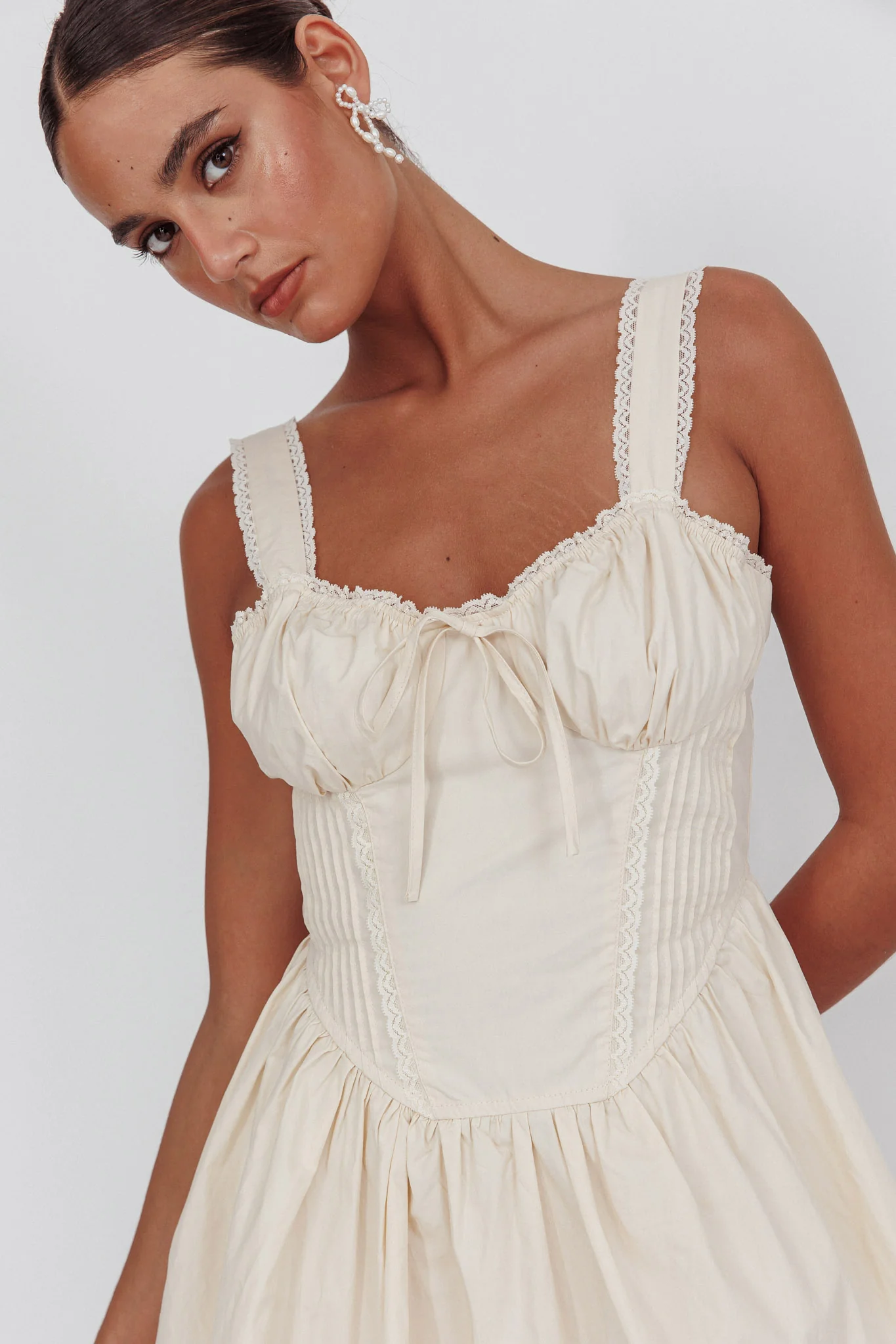 Florabella Corset Bodice Bow Mini Dress Cream - Sonourner