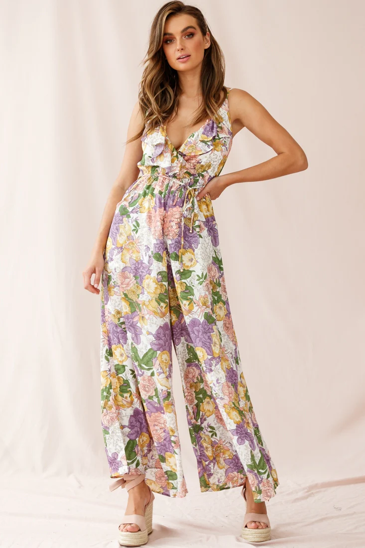 Melita Ruffle V-Neckline Jumpsuit Purple Print - Sonourner