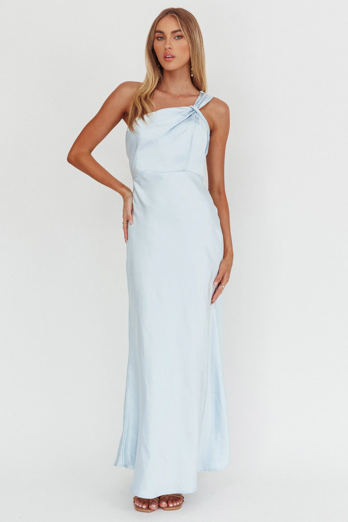 Fly Love Satin One Shoulder Maxi Dress Sky Blue - Sonourner