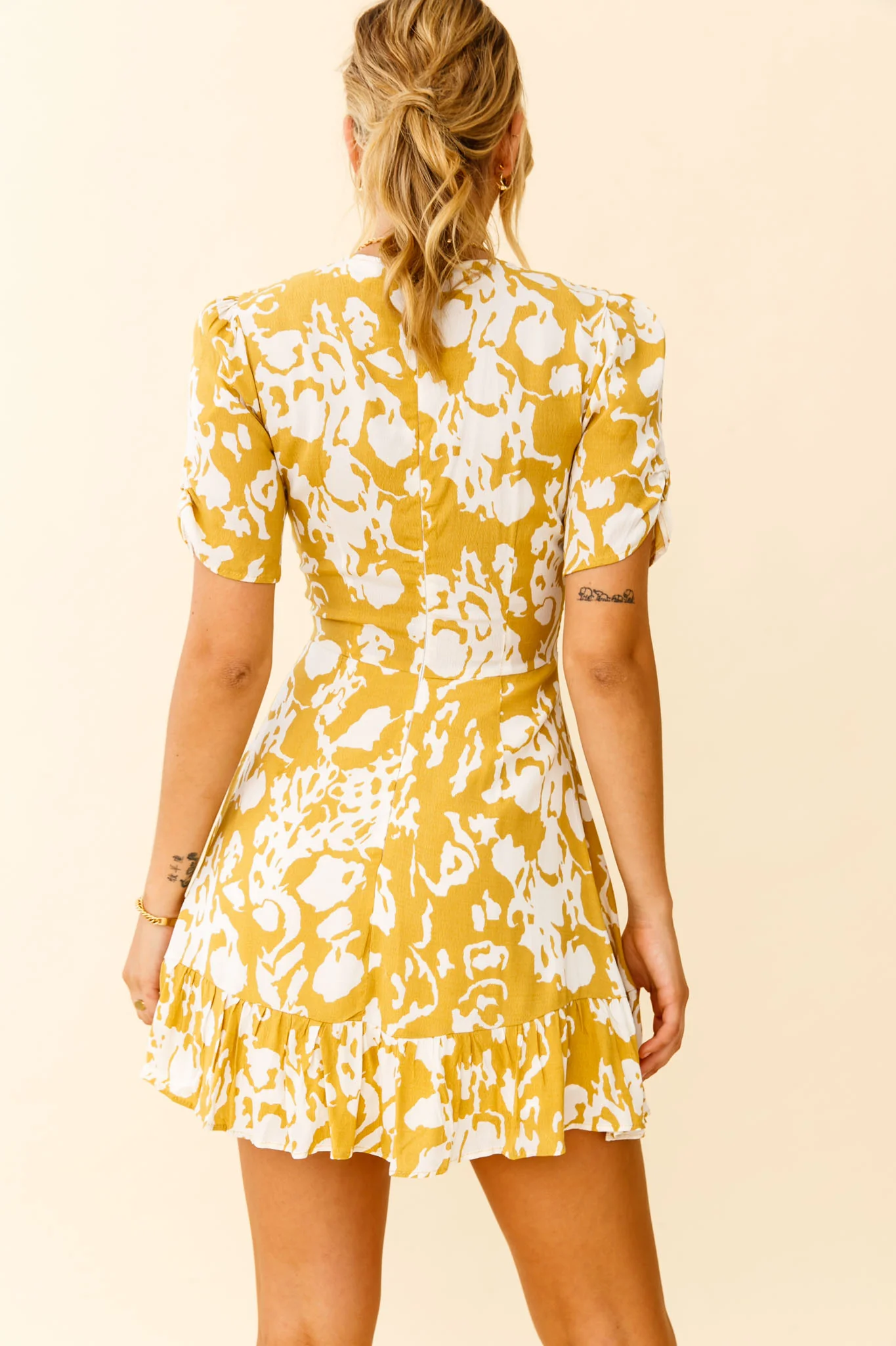 Georgina Ruched Sleeve Tea Dress Stencil Print Mustard - Sonourner