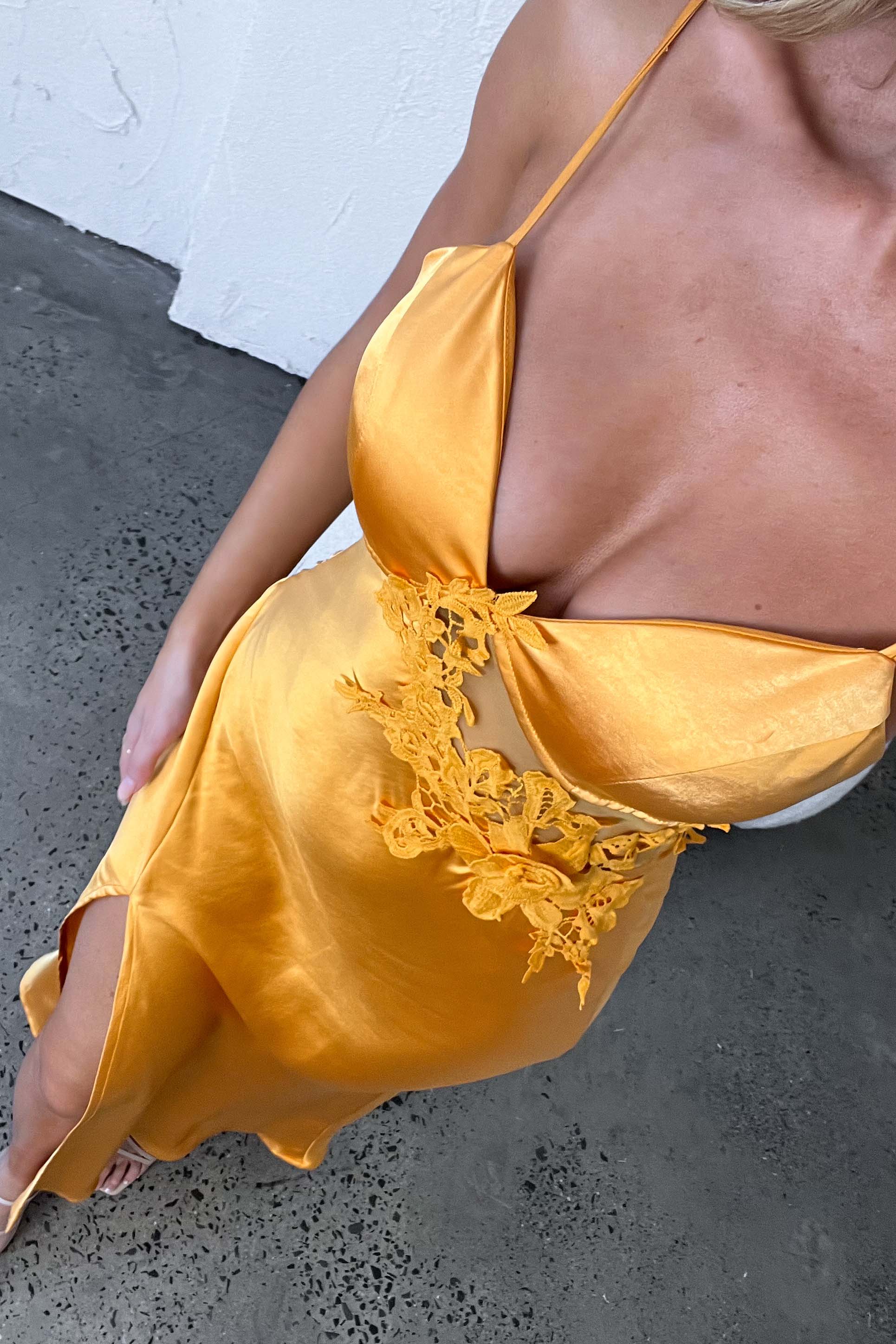 Roxana Applique Trim Split Maxi Dress Orange - Sonourner