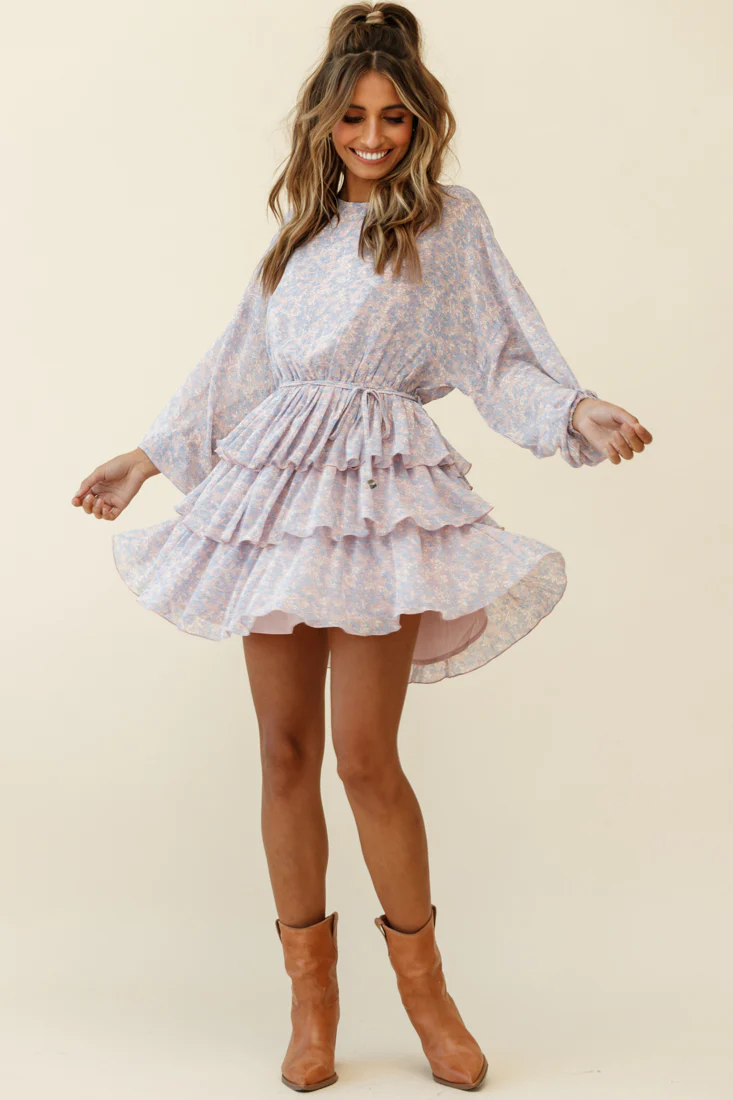 Odessa Long Sleeve Layered Ruffle Dress Flower Pattern Pink - Sonourner