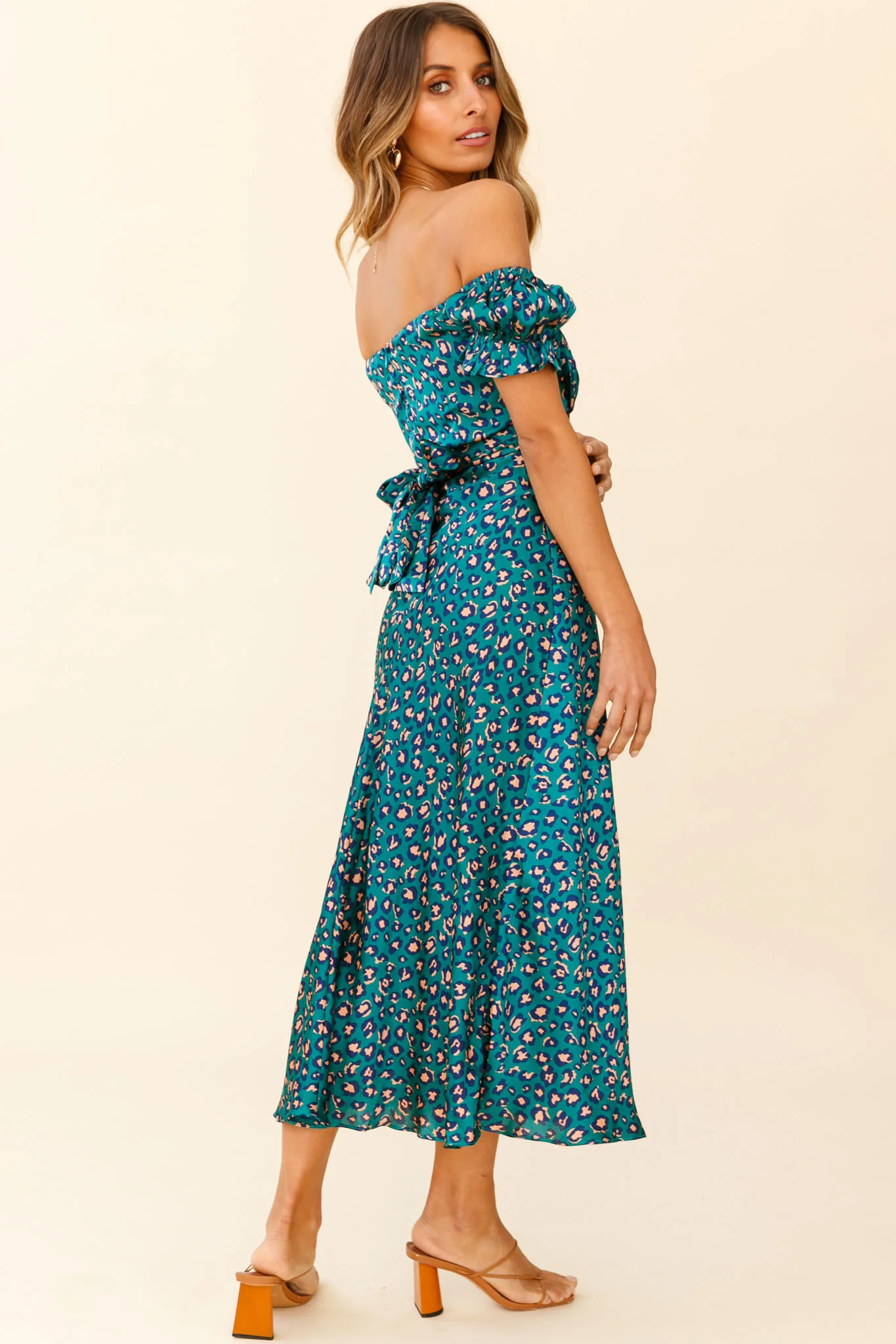 Linka Off-Shoulder Tie Back Midi Dress Leopard Print Green - Sonourner