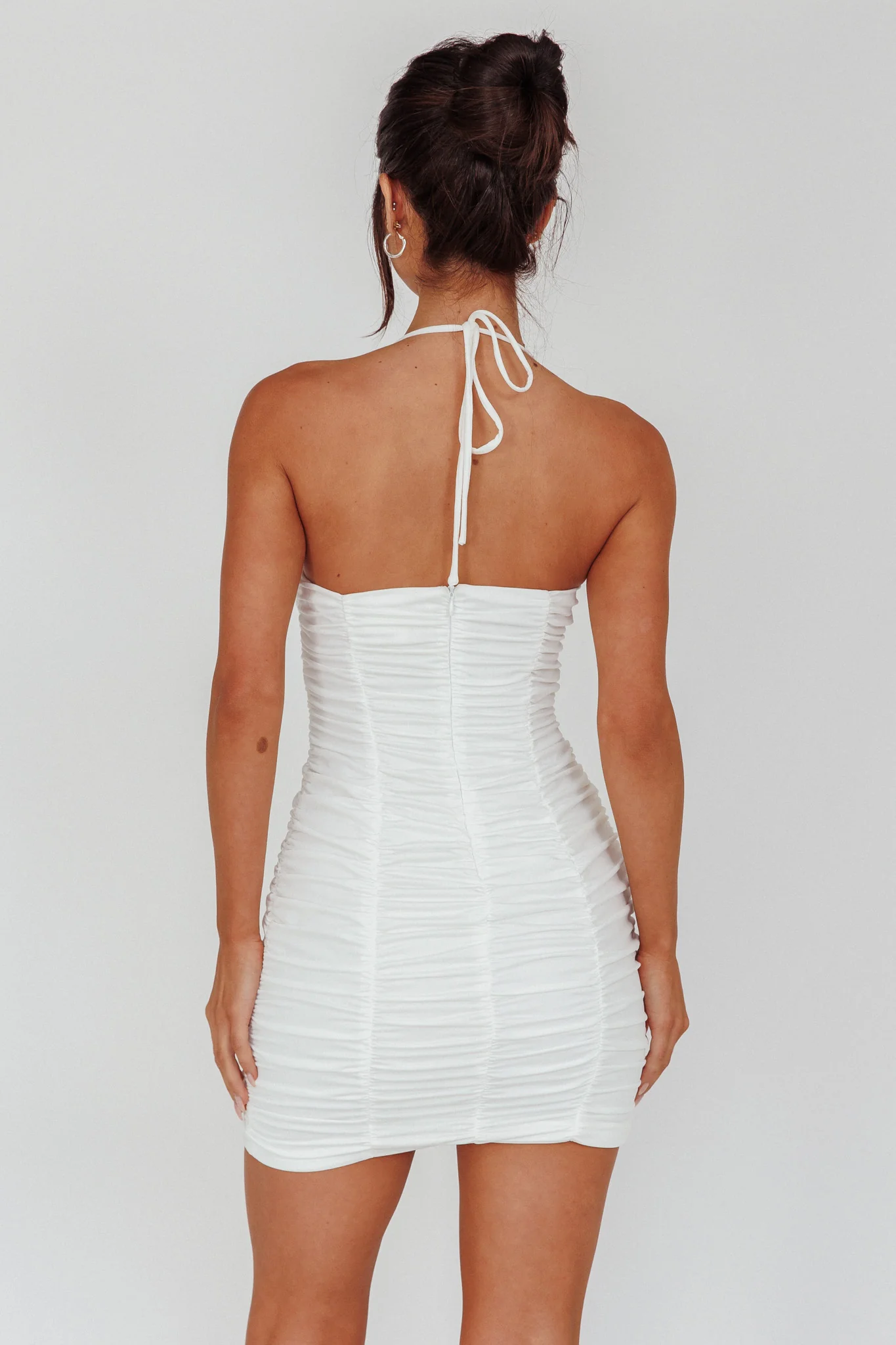 Harli Ruched Drawstring Keyhole Mini Dress White - Sonourner