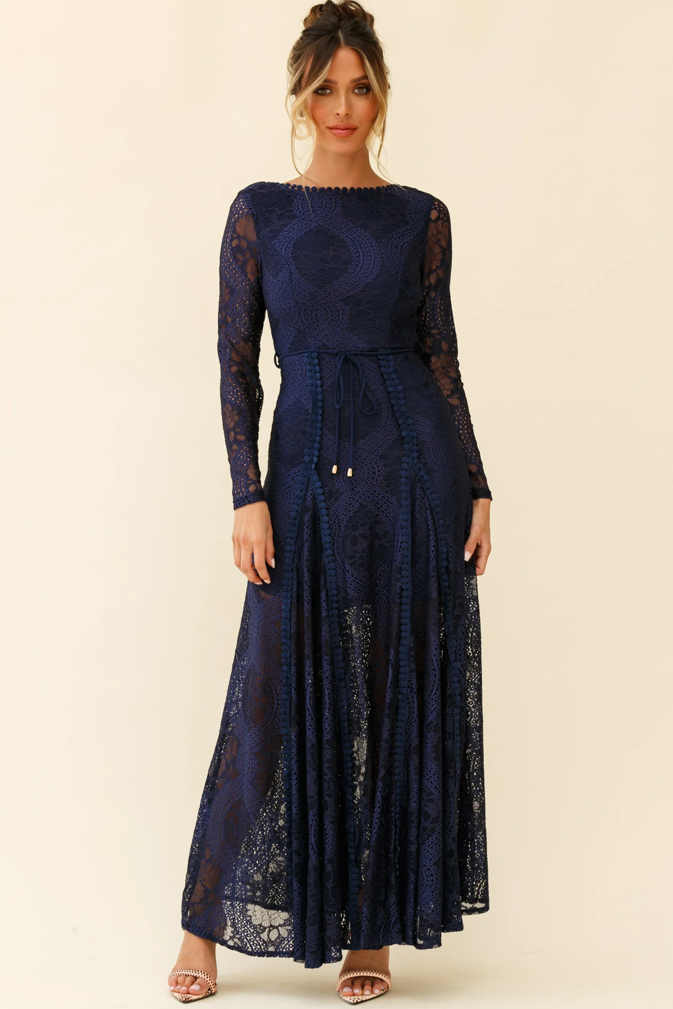 Palm Springs Long Sleeve Lace Overlay Maxi Dress Navy - Sonourner