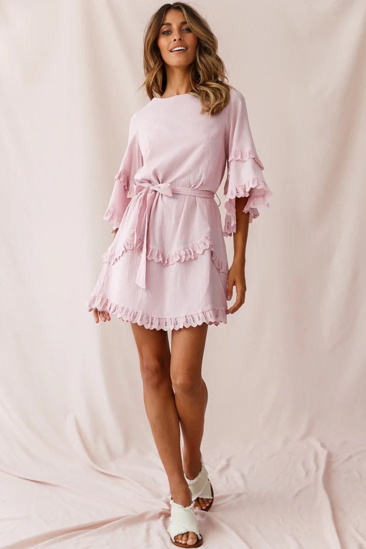 Talitha Waist Tie Lace Trim Dress Blush - Sonourner