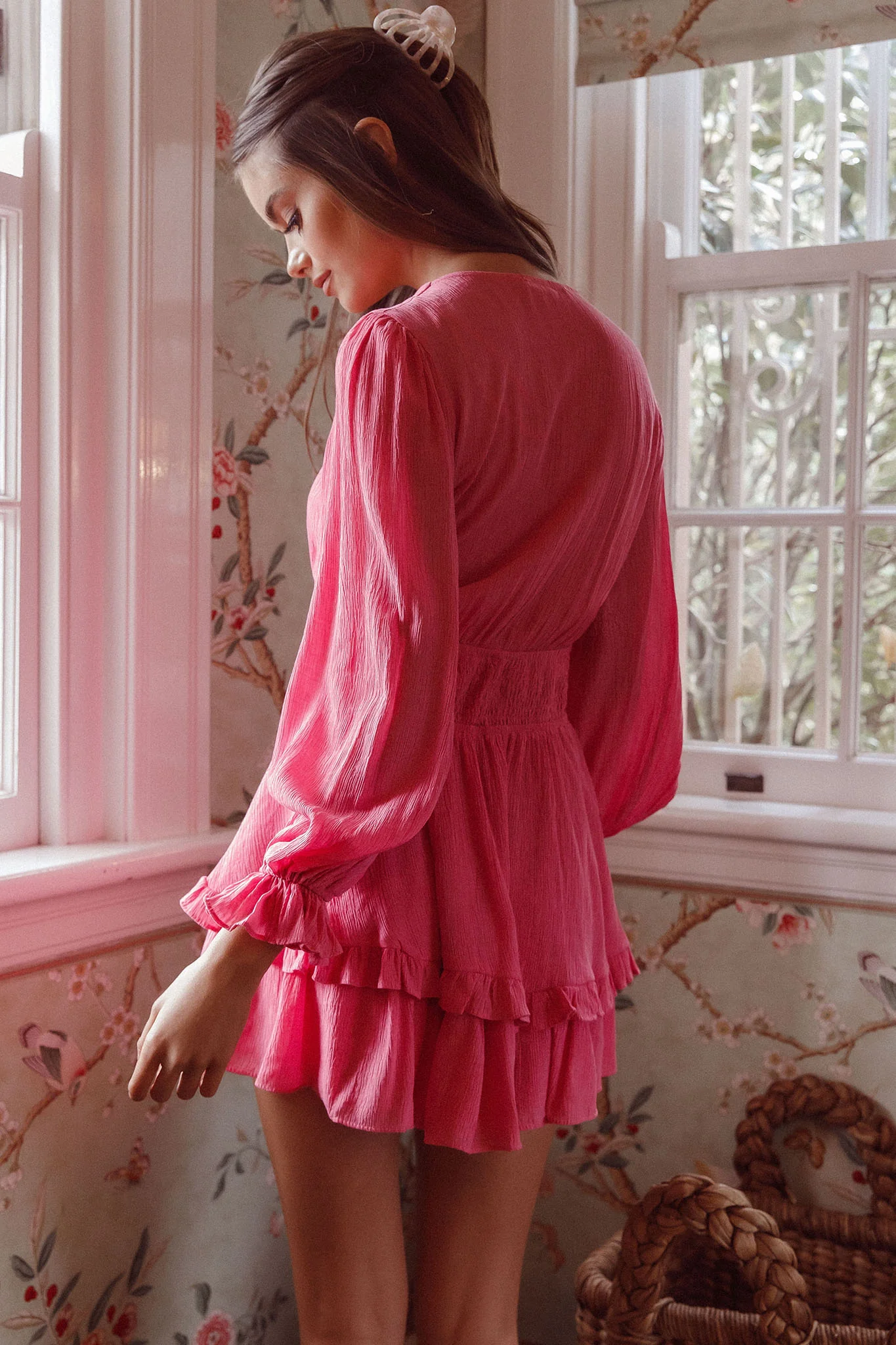 Anthea Bow-Tie Front Layered Frill Dress Hot Pink - Sonourner