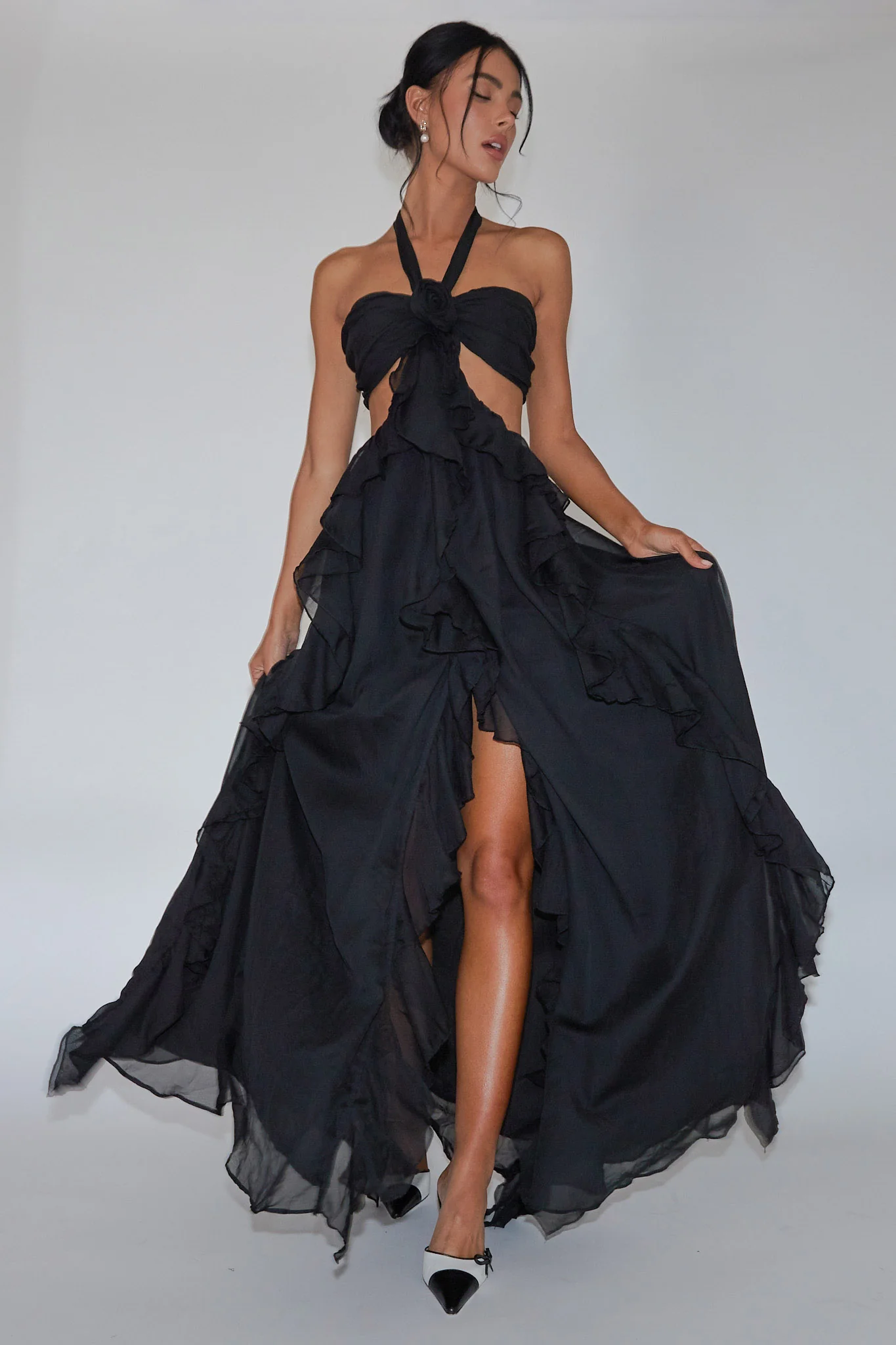 Santiago Cut-Out Ruffle Maxi Dress Black - Sonourner