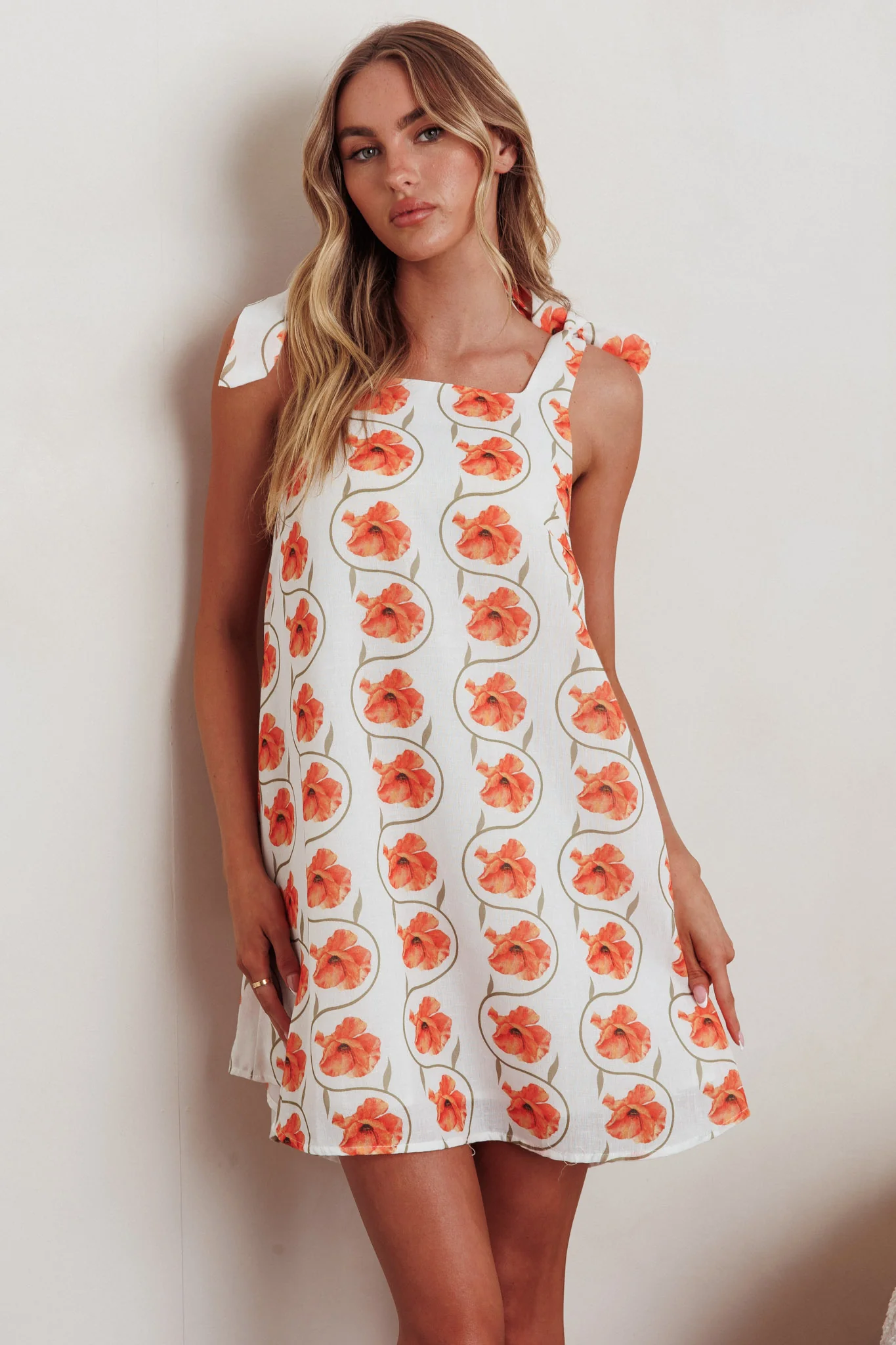 Annalee Tied Shoulder Mini Dress Floral Orange - Sonourner