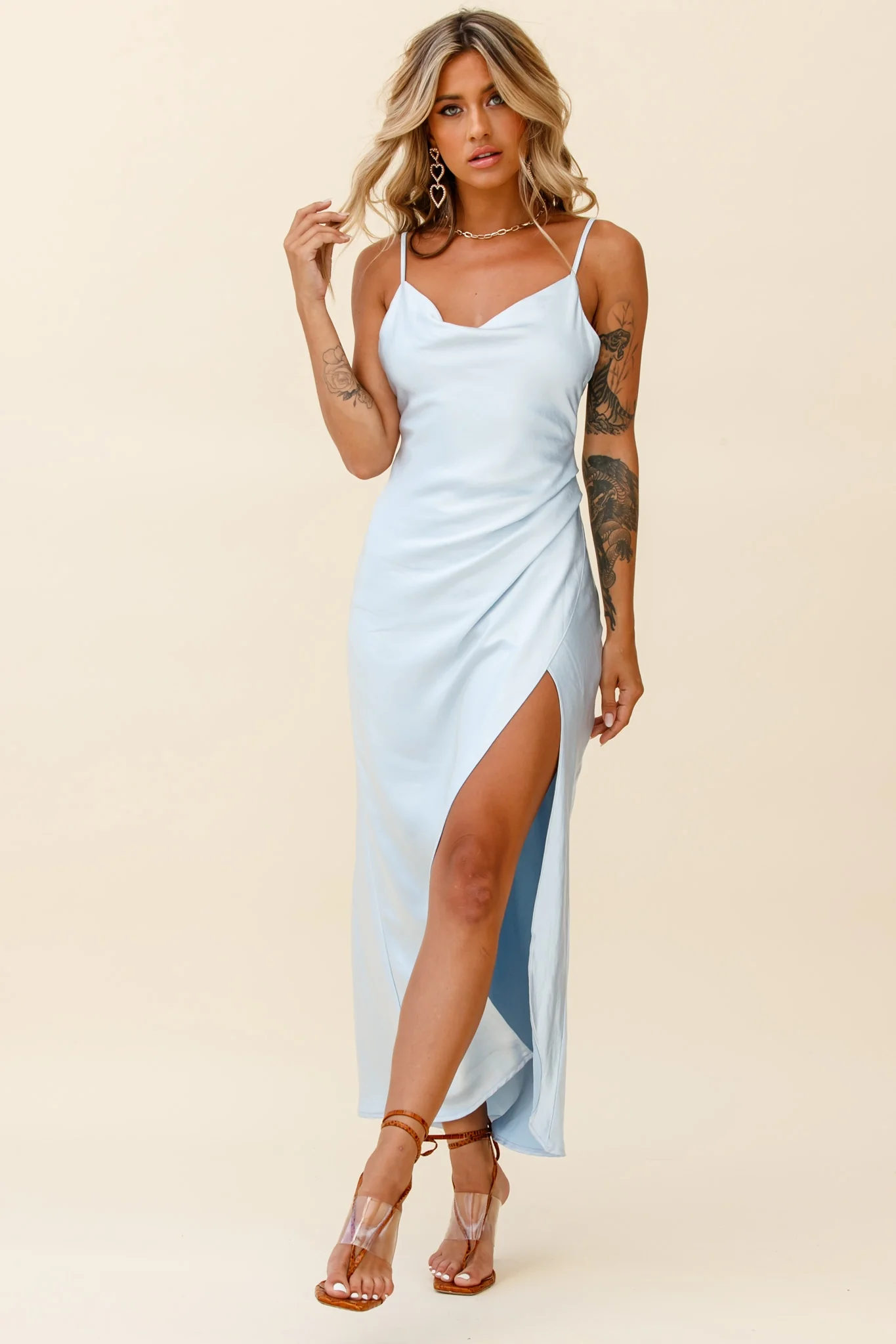 Hey Girl Long Satin Cowl Neck Dress Steel Blue - Sonourner