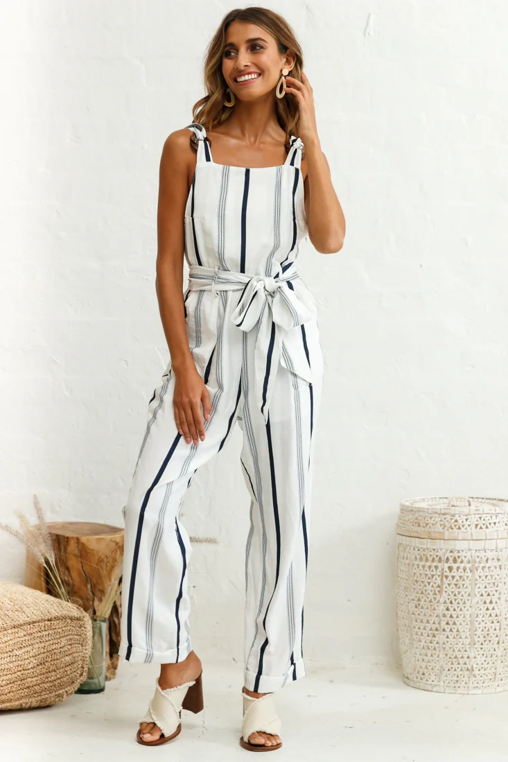 Fresno Straight Leg Pinafore Jumpsuit Stripe Print Navy - Sonourner