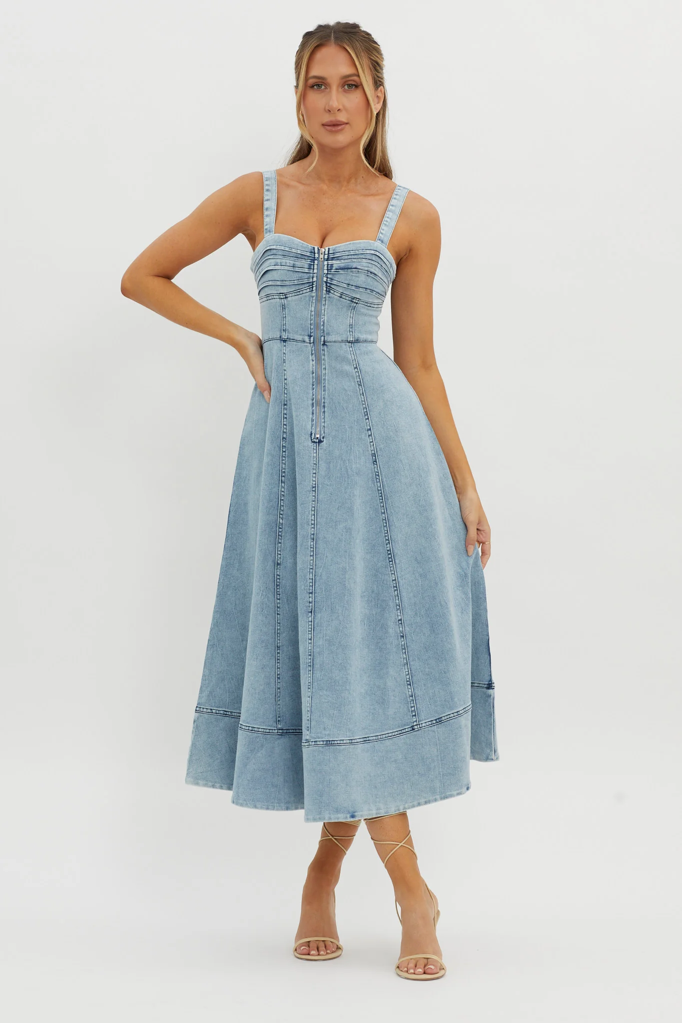 Emilio Pleated Bust A-Line Midi Dress Denim Blue - Sonourner
