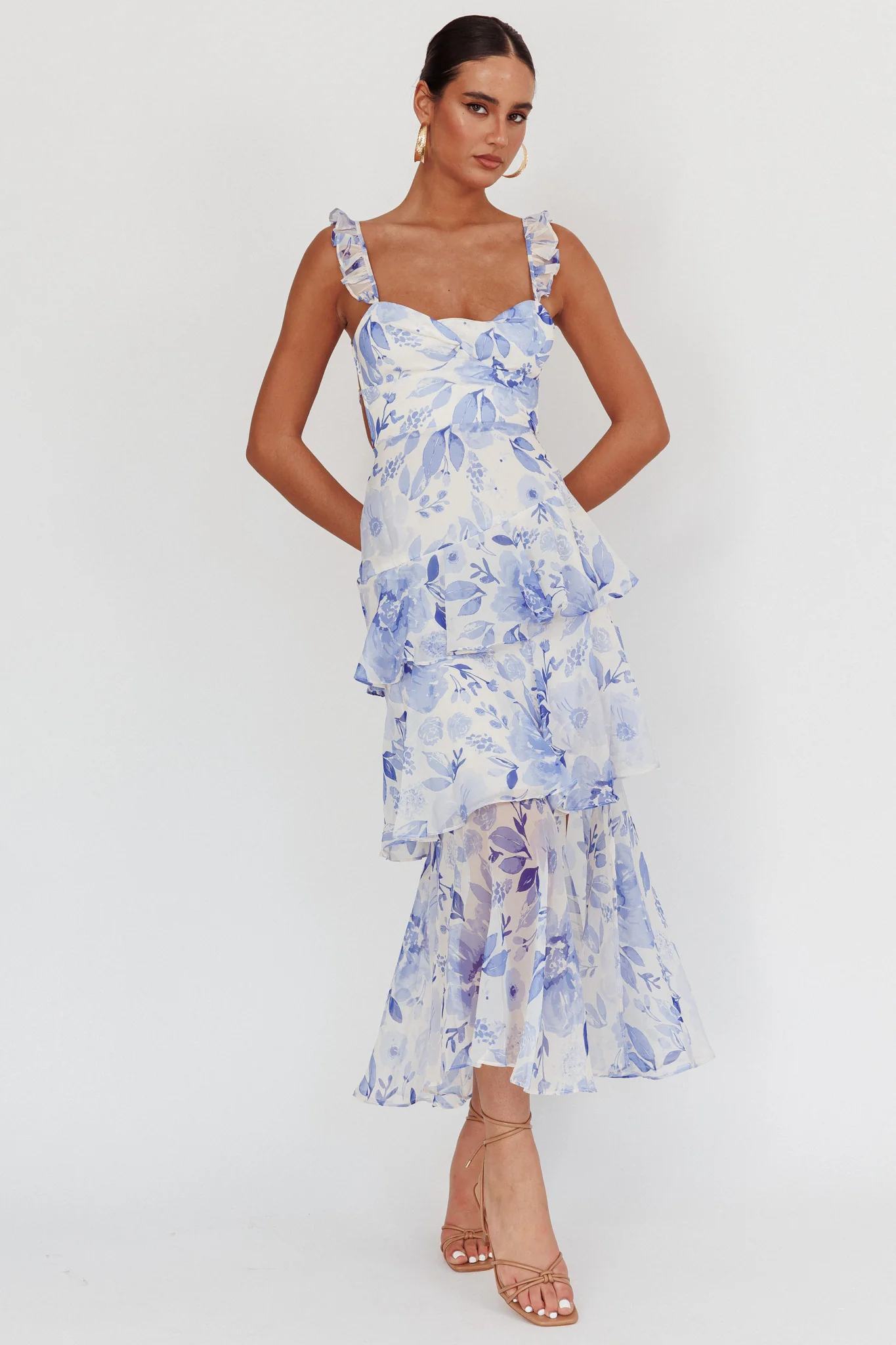 Veda Strappy Back Ruffle Maxi Dress Flowers Blue - Sonourner