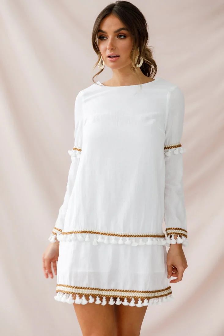 Leticia Tassel Trim Shift Dress White - Sonourner