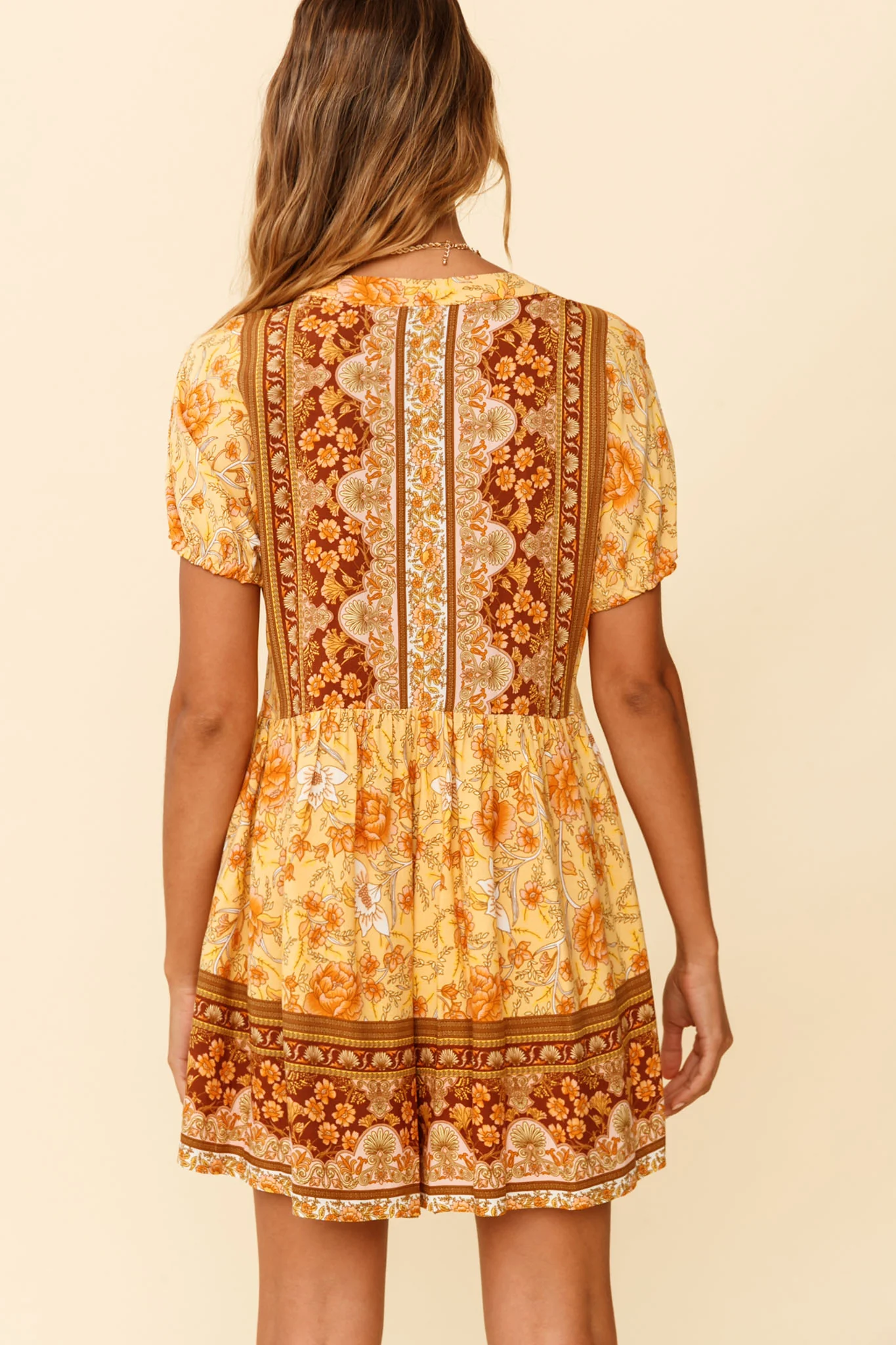 Time Flies Puff Sleeve T-Shirt Romper Boho Floral Print Yellow - Sonourner