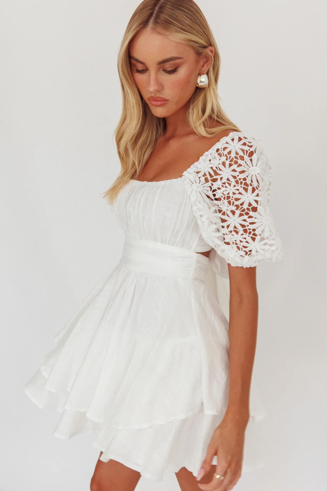 Abby Lace Puff Sleeve Tie-Up Back Dress White - Sonourner