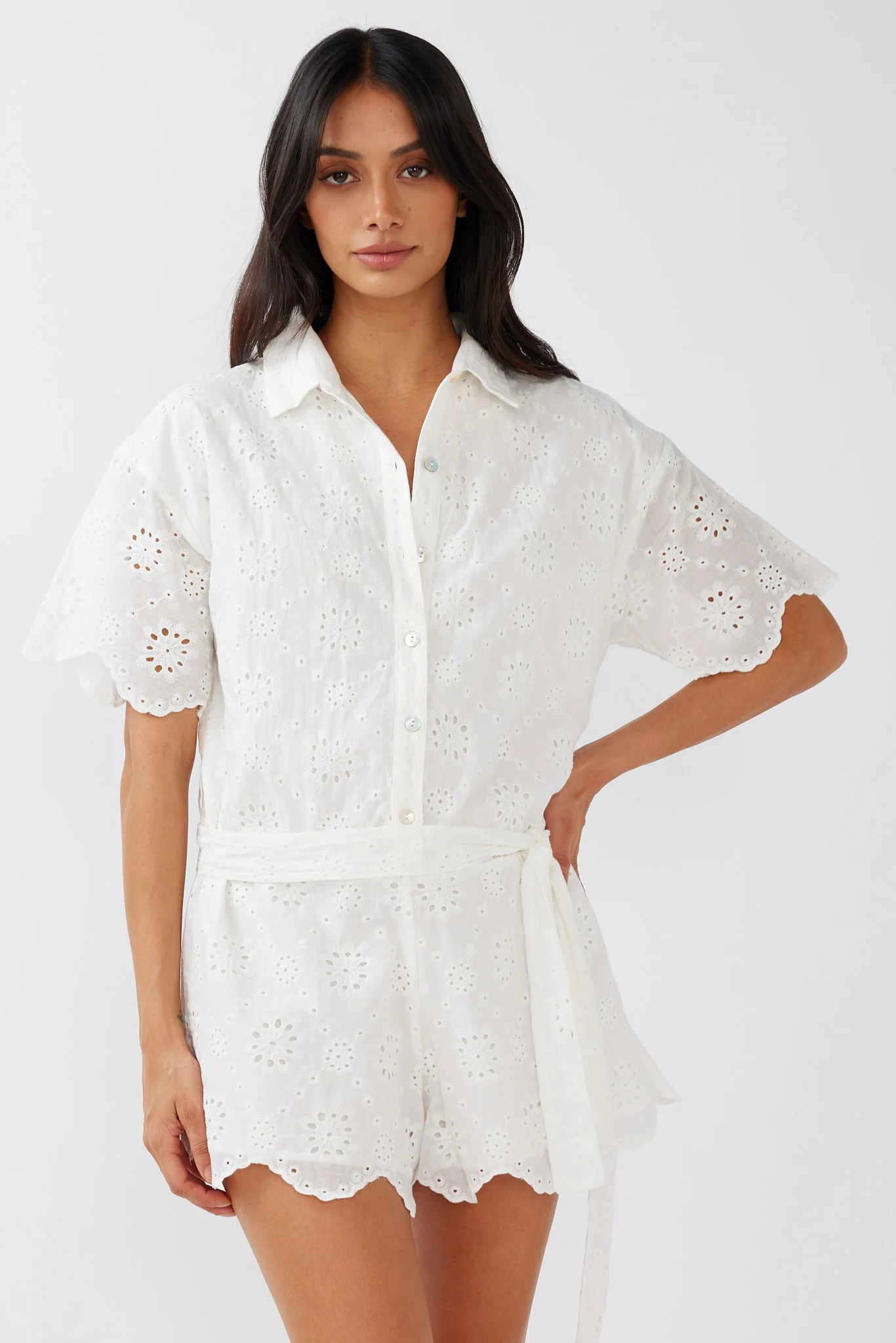Junie Eyelet Embroidery Waist Tie Romper White - Sonourner