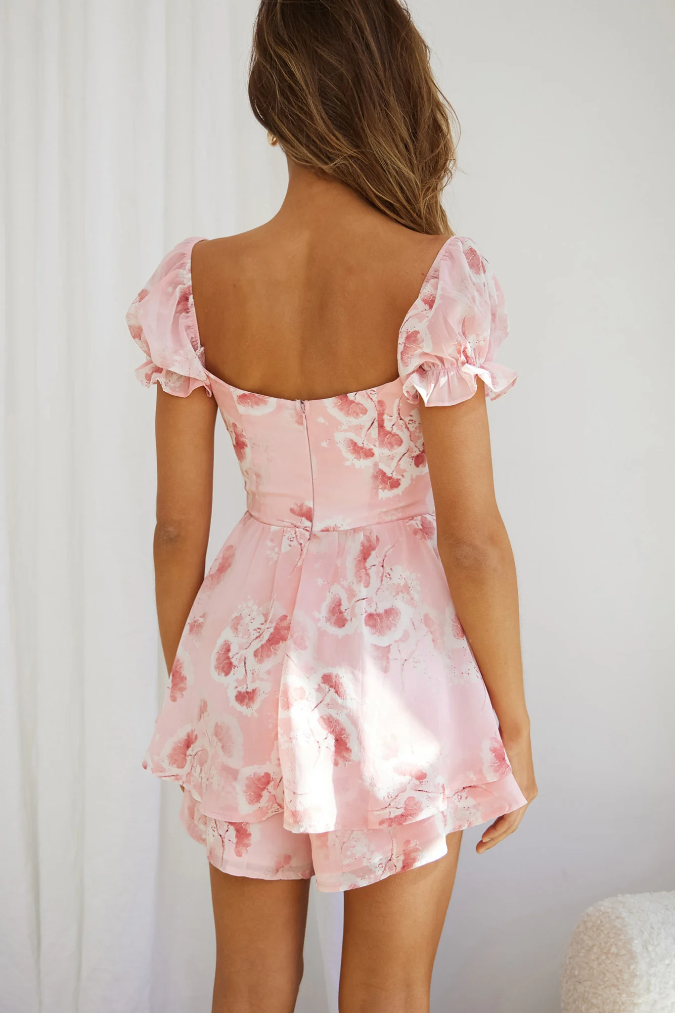 Sweet Romance Puff Sleeve Romper Watercolor Print Pink - Sonourner