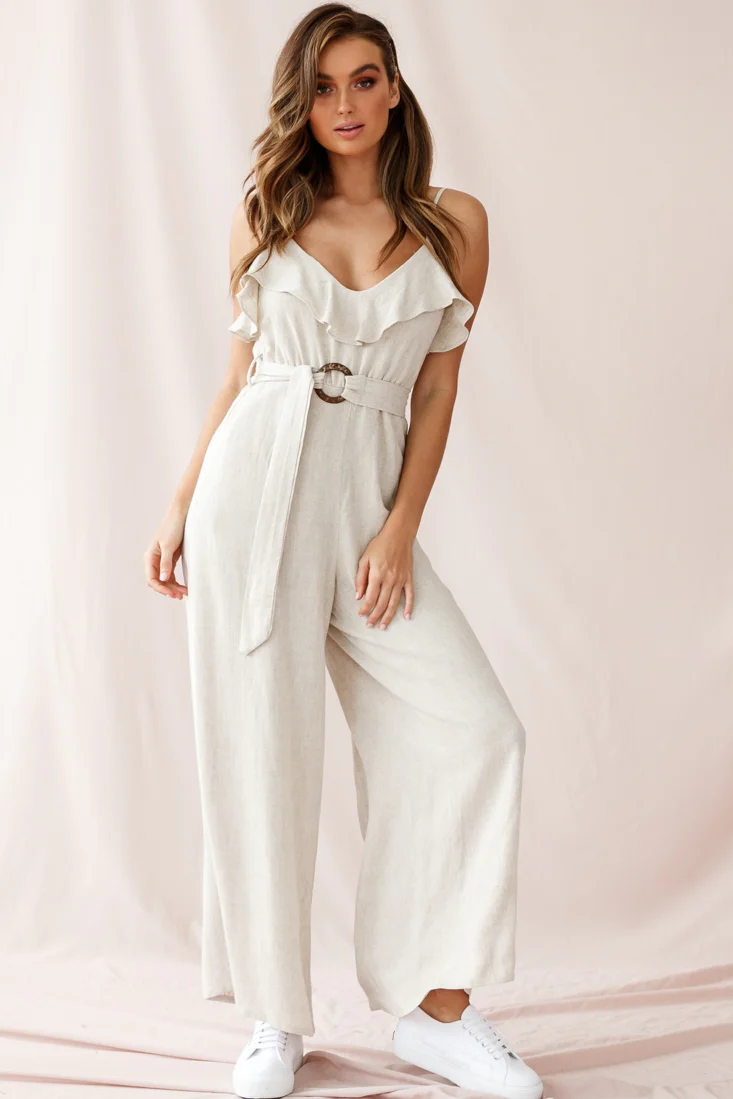 Mason Ruffle Neckline Wooden Buckle Belt Jumpsuit Natural - Sonourner