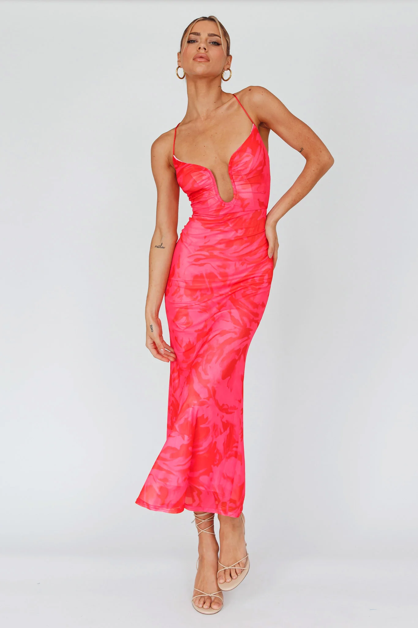 Nouveau U-Neckline Midi Dress Marbled Pink - Sonourner