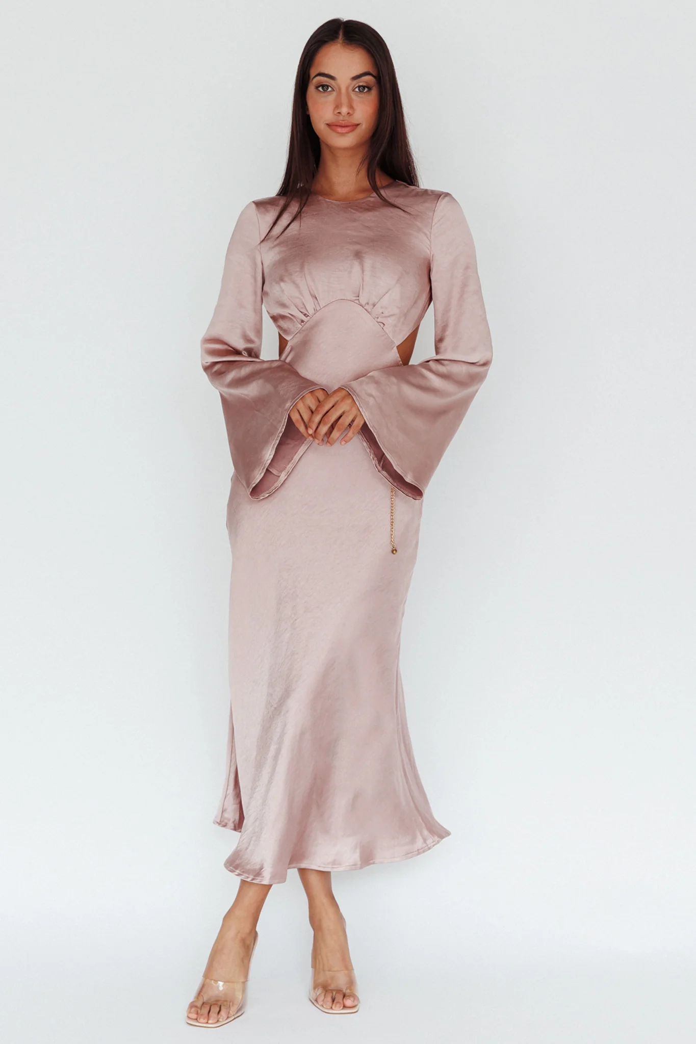Doting Bell Sleeve Cut-Out Midi Dress Wood Rose - Sonourner